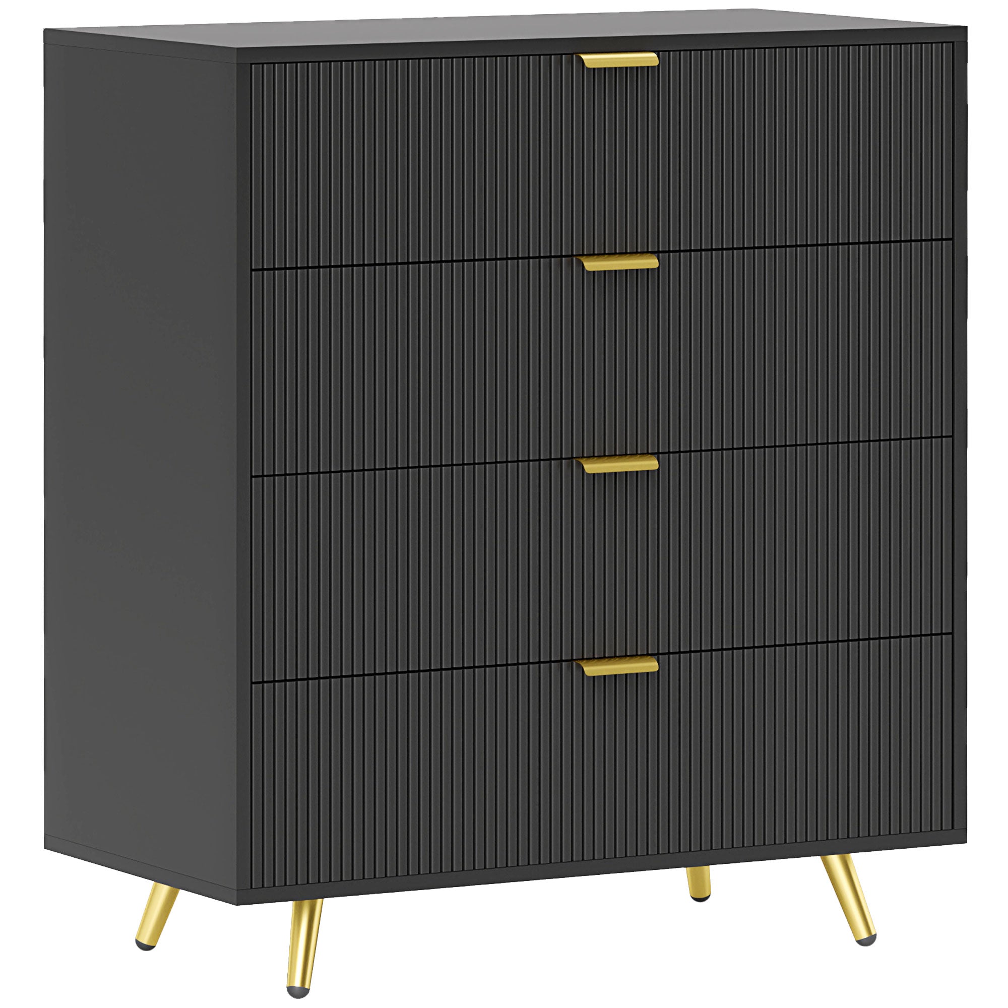 HOMCOM Bedroom Chest of Drawers with 4 Drawers, Fluted Dresser with Gold Tone Handles, Storage Cabinet for Bedroom, Living Room, Hallway, Entryway, Black - North Peak Garden Furniture