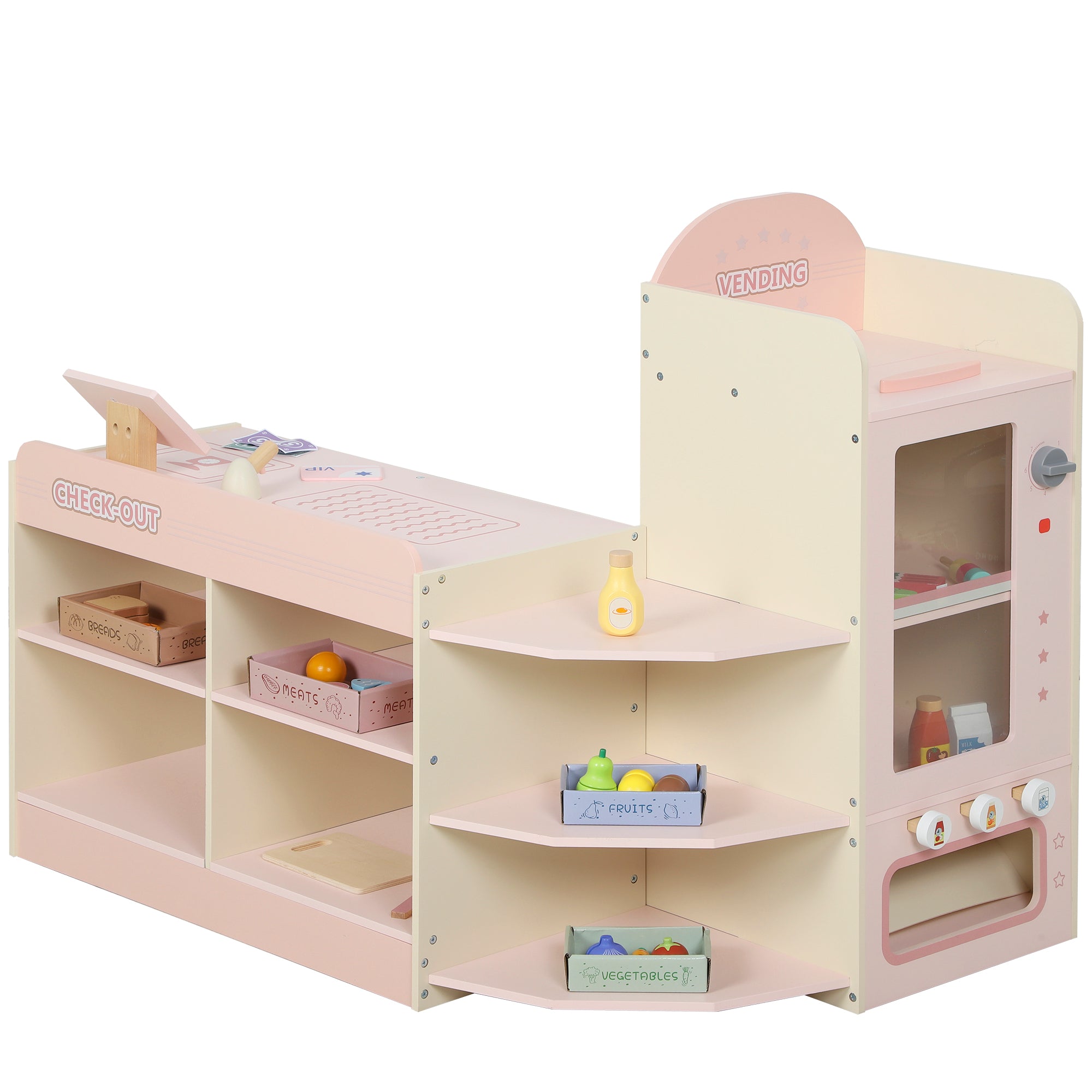 AIYAPLAY Kids Grocery Store, Children Supermarket Playset with Cash Register, Vending Machine, Display Shelves