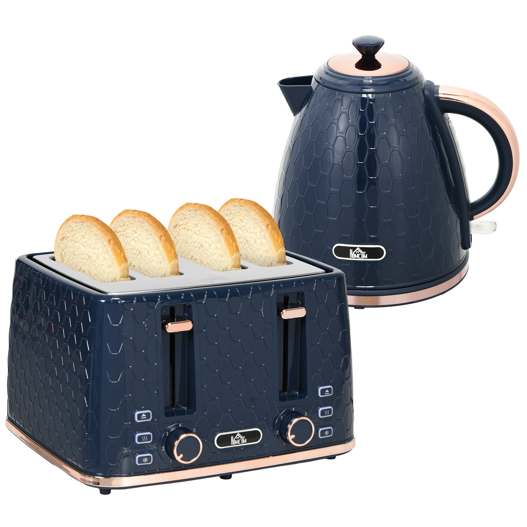 HOMCOM Kettle and Toaster Set, 1.7L 3000W Fast Boil Jug Kettle with Auto Shut Off, 4 Slice Toaster with 7 Level Browning Controls & Crumb Tray, Blue - North Peak Garden Furniture
