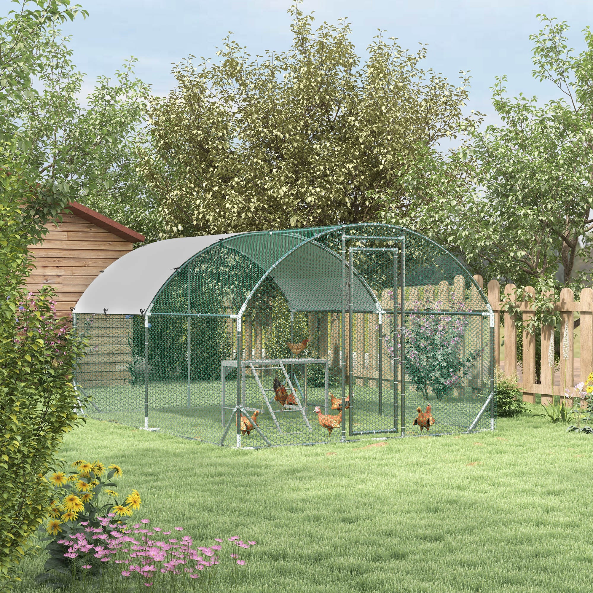 PawHut Walk In Chicken Run with Chicken Activity Shelf and Cover, 2.8 x 3.8 x 2m - North Peak Garden Furniture