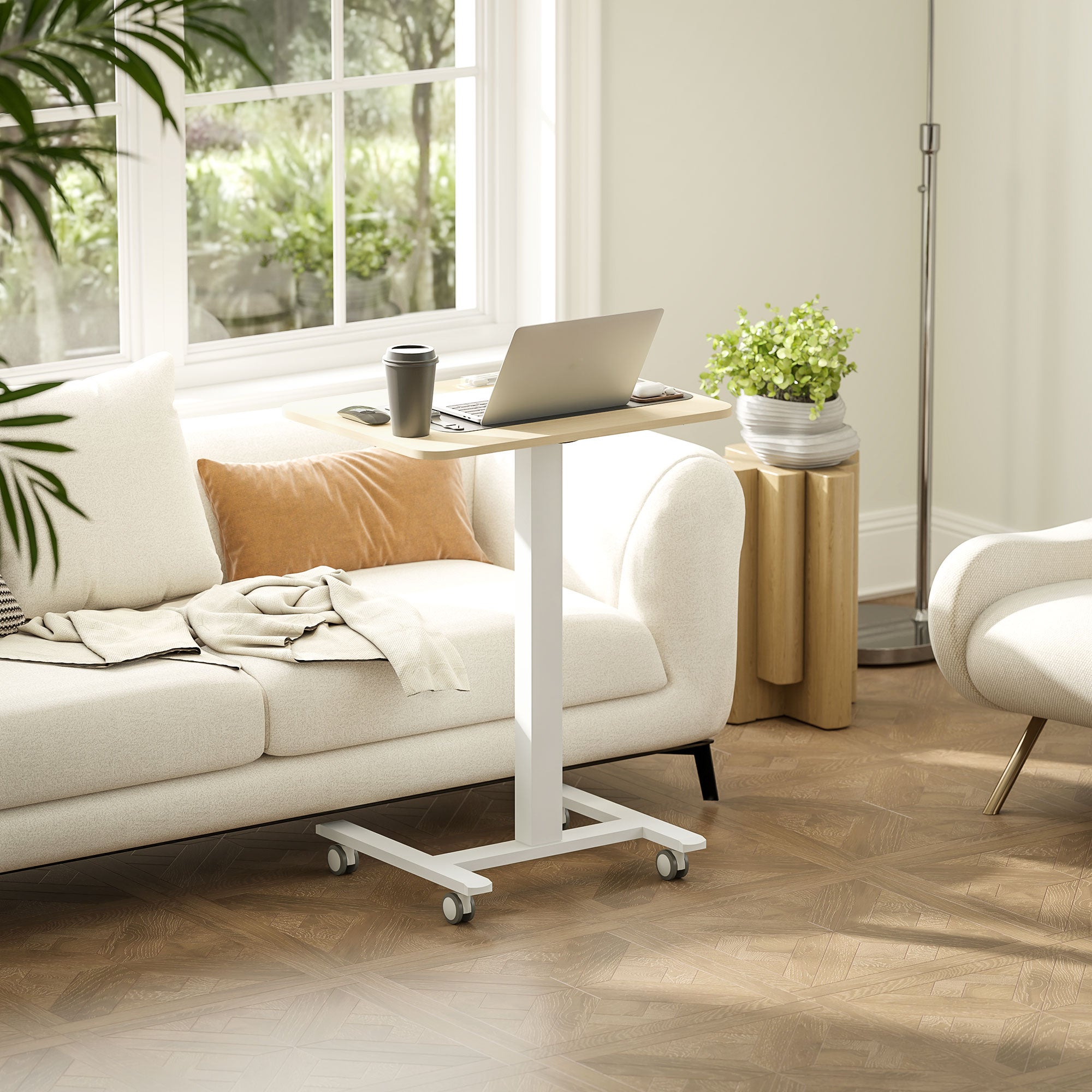 Vinsetto Movable Standing Desk, Height Adjustable Sit Stand Desk with Hand Crank, Stand Up Desk with 4 Rolling Wheels for Home Office, Natural Wood Finish - North Peak Garden Furniture