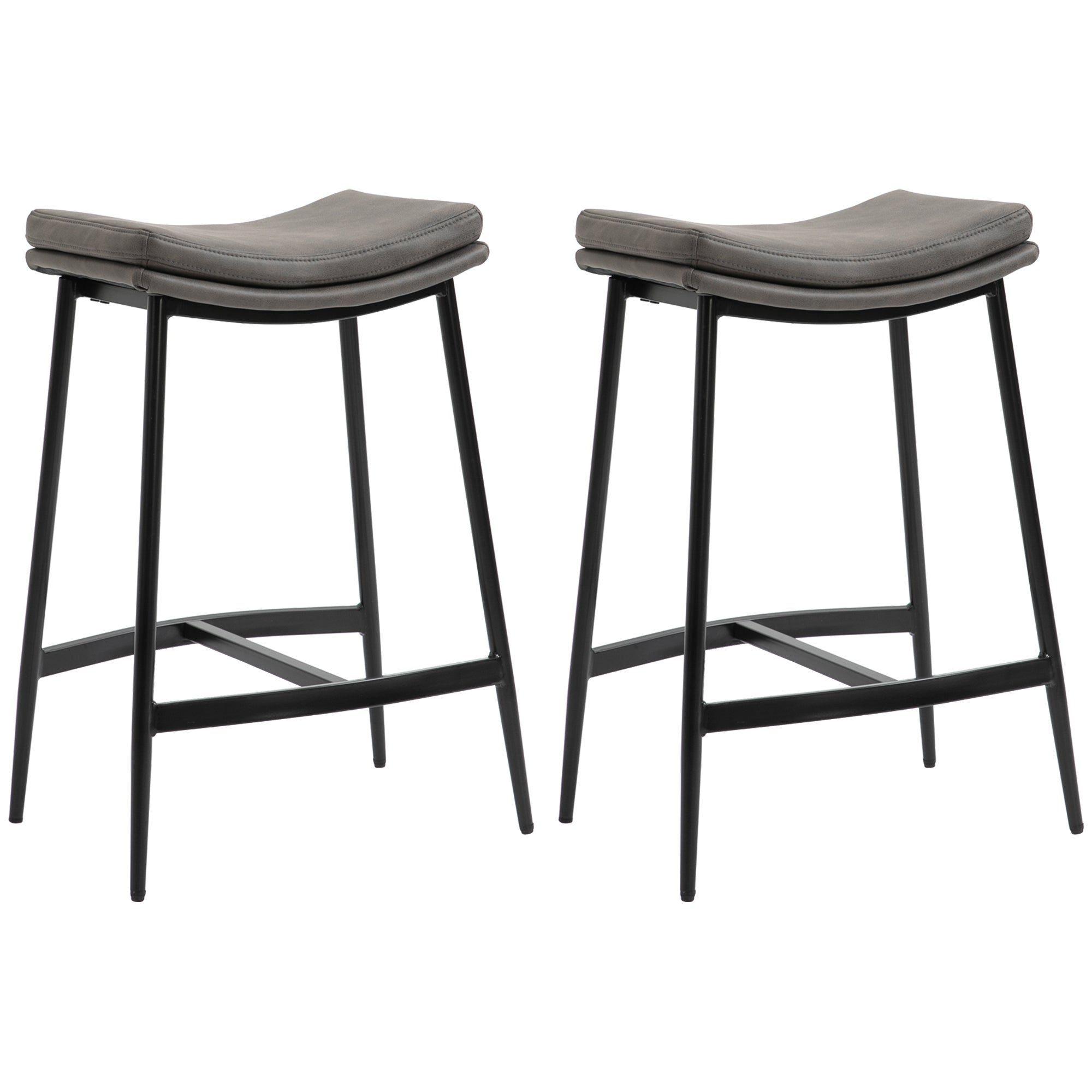 HOMCOM Breakfast Bar Stools Set of 2, Microfibre Upholstered Barstools, Industrial Bar Chairs with Curved Seat and Steel Frame for Dining Room, Kitchen, Grey - North Peak Garden Furniture