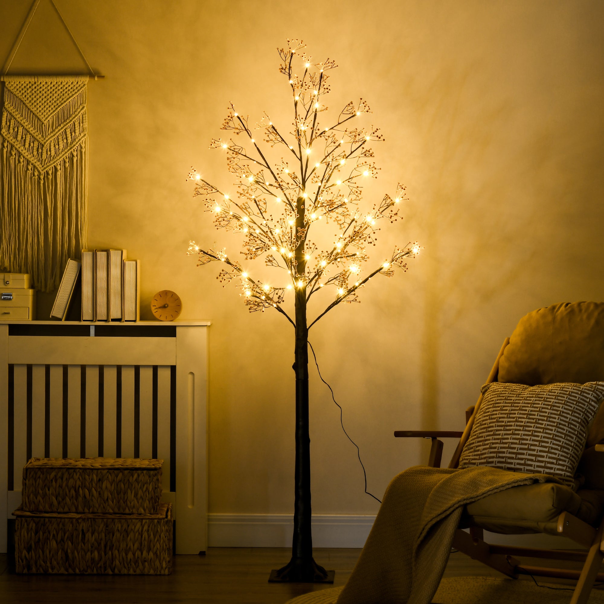 HOMCOM 6ft Artificial Gypsophila Blossom Tree Light with 96 Warm White LED Light, Baby Breath Flowers for Home Party Wedding, Indoor and Outdoor Use - North Peak Garden Furniture