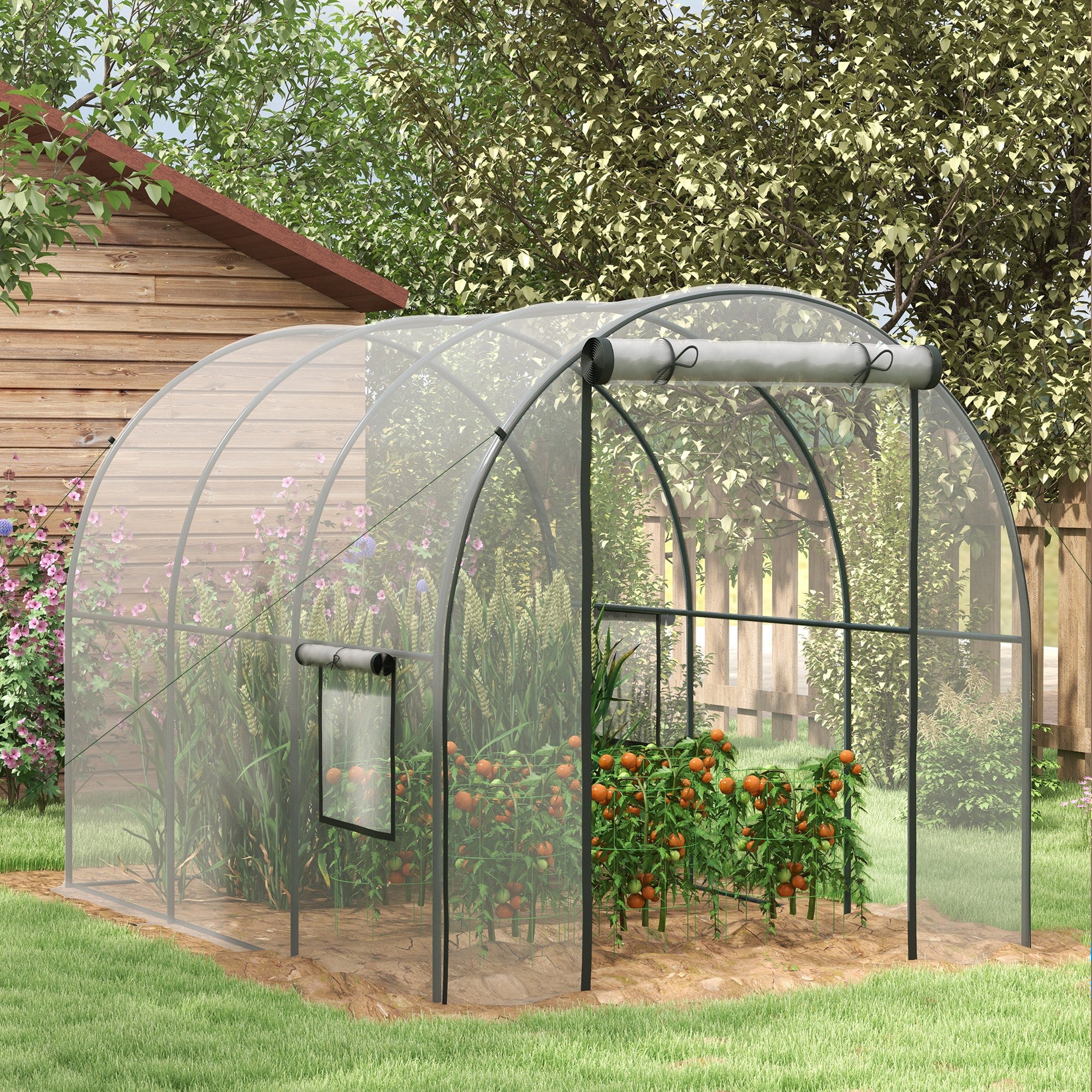 Outsunny Polytunnel Greenhouse Walk-in Grow House with Plasric Cover, Door, Mesh Window and Steel Frame, 3 x 2 x 2m, Clear - North Peak Garden Furniture
