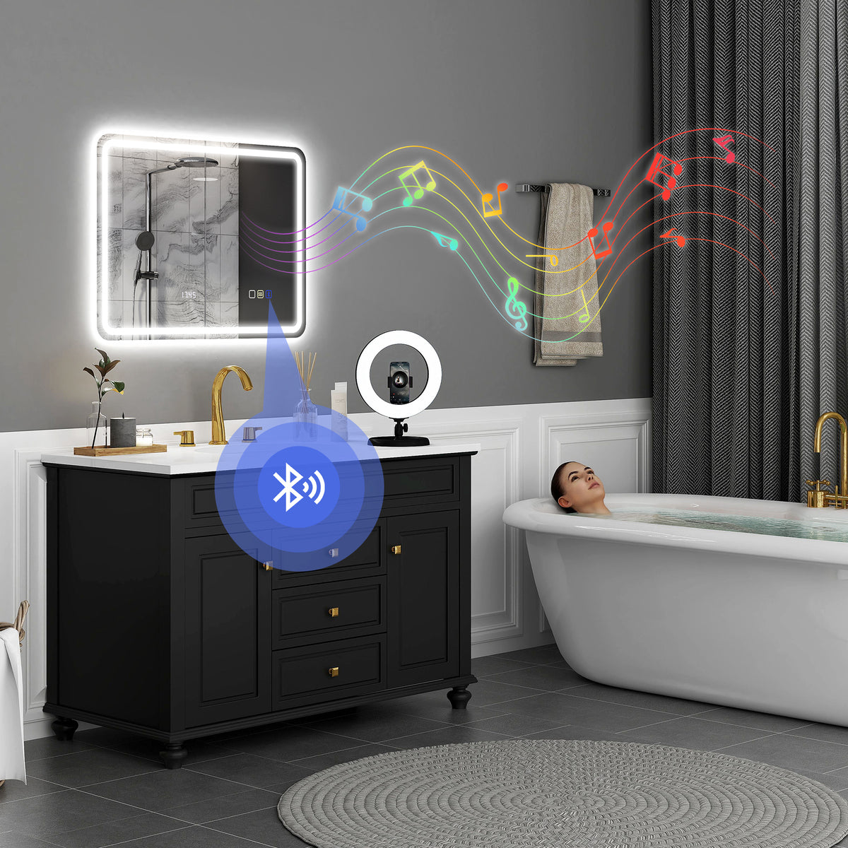 HOMCOM 60 x 80 cm Bluetooth LED Bathroom Mirror with Clock Anti-Fog - Silver Tone