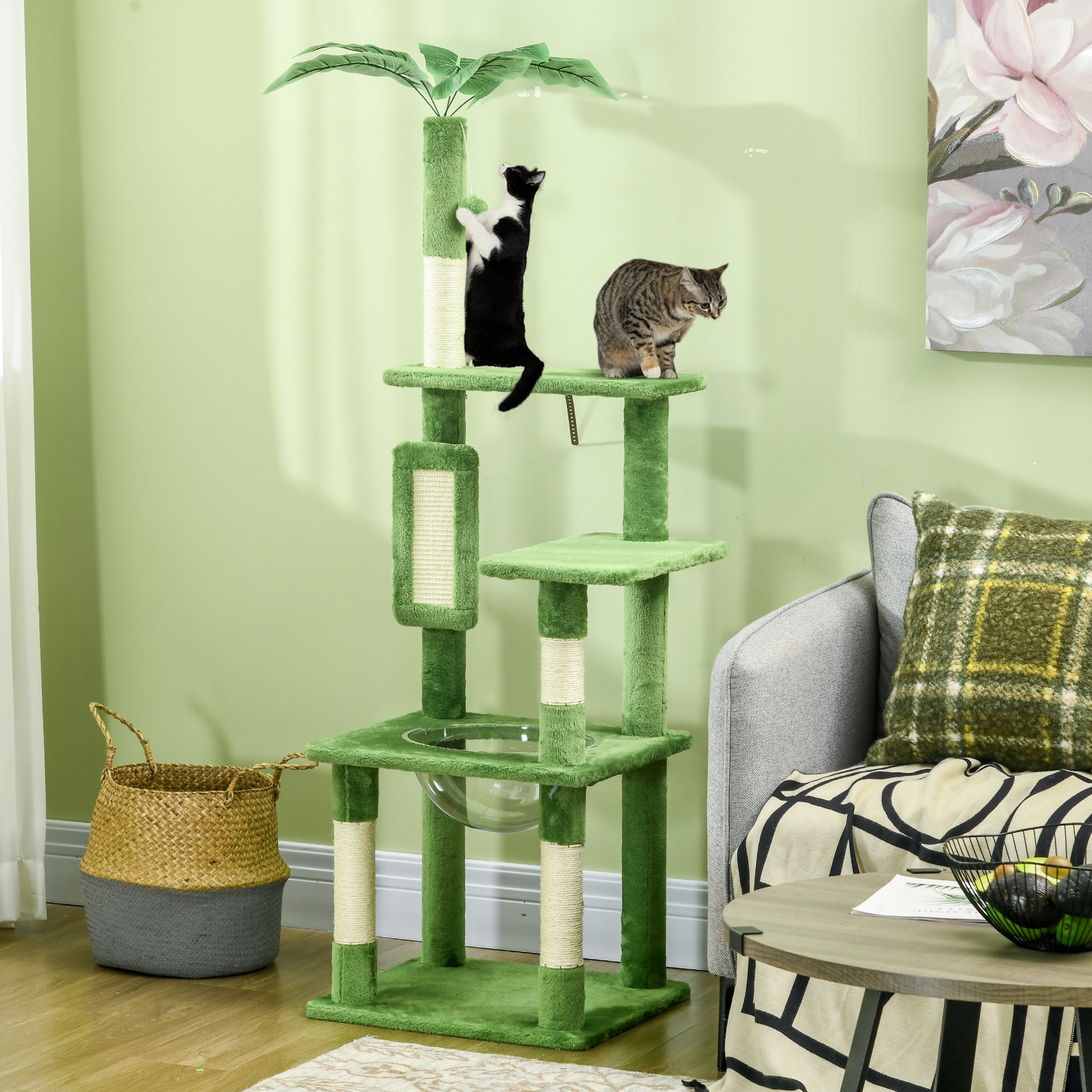 PawHut 142cm Cat Tree Tower, with Scratching Post, Hammock, Toy Ball, Platforms - Green - North Peak Garden Furniture