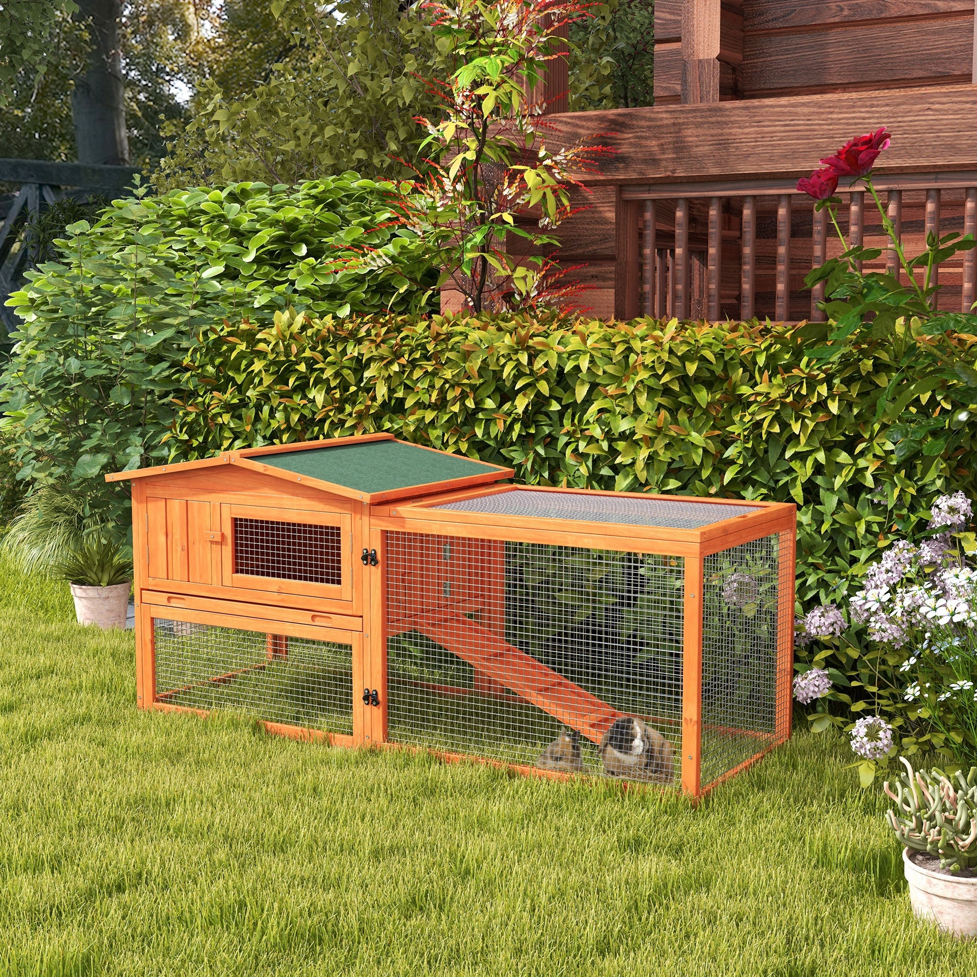 PawHut Rabbit Hutch with Run Wooden Guinea Pig Hutch Outdoor Bunny Cage Hide House with Sliding Tray, Hay Rack, Ramp, 156 x 58 x 68cm, Orange - North Peak Garden Furniture