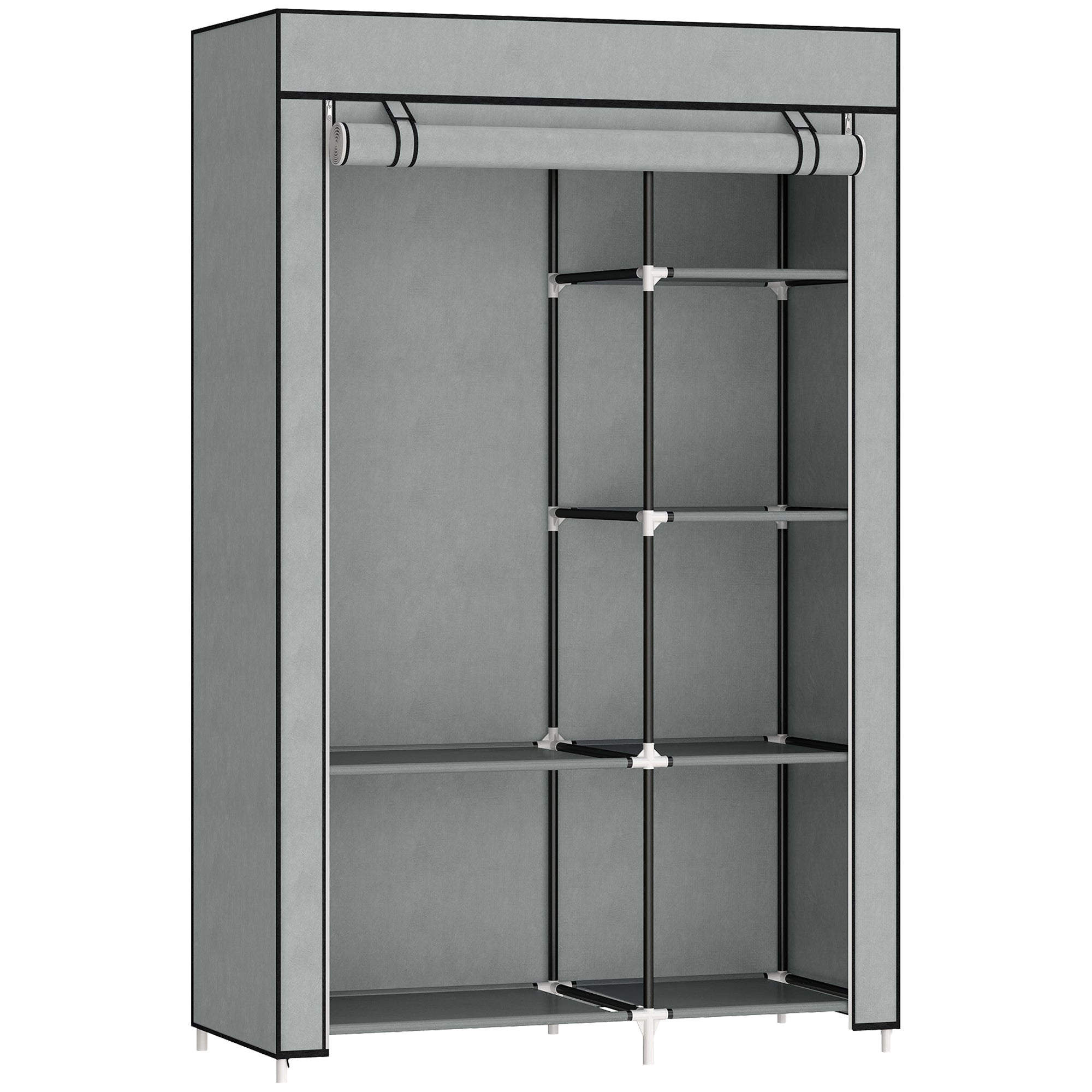 HOMCOM Fabric Wardrobe, Portable Wardrobe with 6 Shelves, 1 Hanging Rail, Foldable Closets, 103 x 43 x 162.5 cm, Light Grey - North Peak Garden Furniture