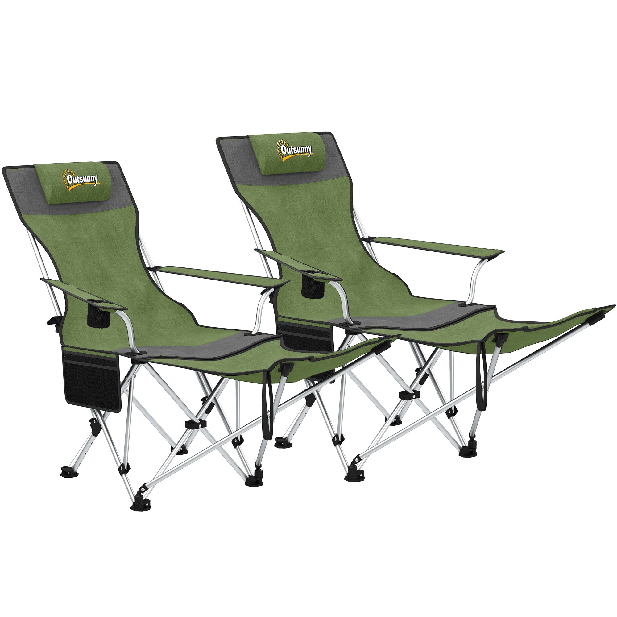 Outsunny Set of 2 Reclining Folding Camping Chair w/ Detachable Footrest, Storage Bag, Cup Holder & Headrest, Lightweight Portable Camp Chair for Beach, Picnic, Olive Green and Grey - North Peak Garden Furniture