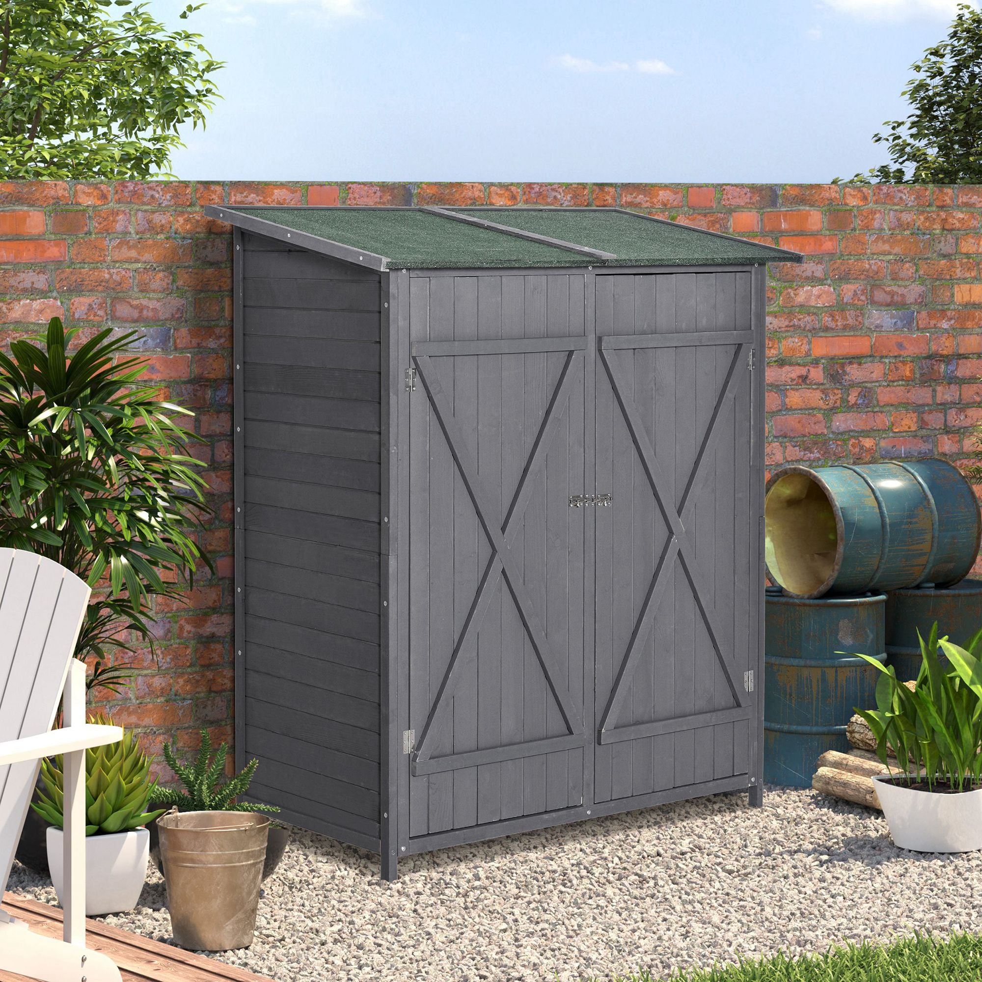 Outsunny 139 x 75 Fir Wood Garden Shed, with Asphalt Roof - Grey - North Peak Garden Furniture