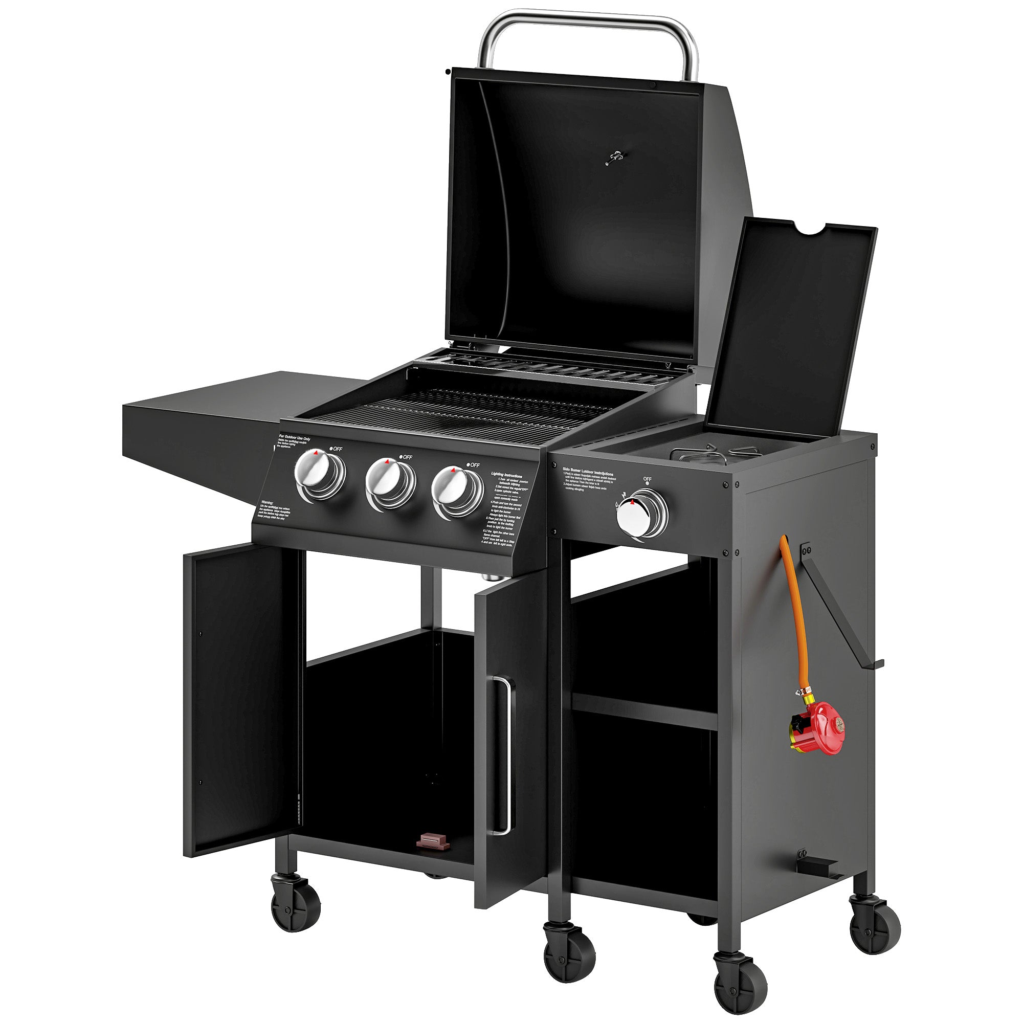 Outsunny 3+1 Burner Gas BBQ Grill with Storage Cabinet and Shelves, 9.5 kW Gas Barbecue Trolley with 6 Castor Wheels, Warming Rack, Thermometer for Outdoor Cooking Garden Party, Black - North Peak Garden Furniture