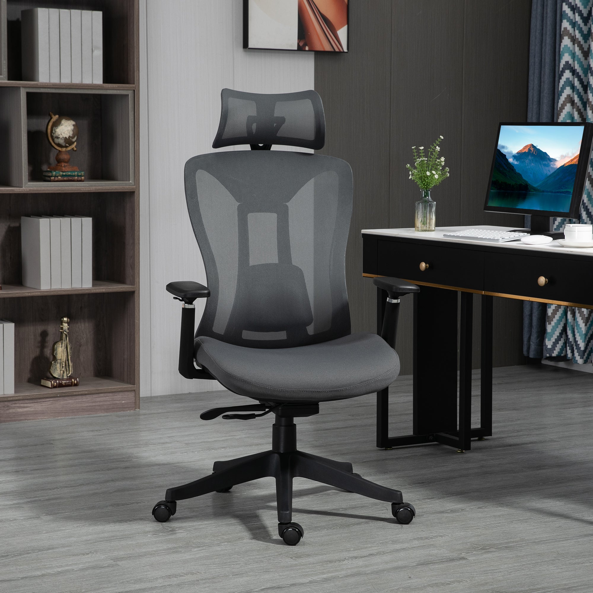 Vinsetto Mesh Office Chair, Ergonomic Desk Chair, Computer Chair with Adjustable Headrest and Lumbar Support, 135° Reclining Back and 3D Armrest for Home Office Study, Grey - North Peak Garden Furniture