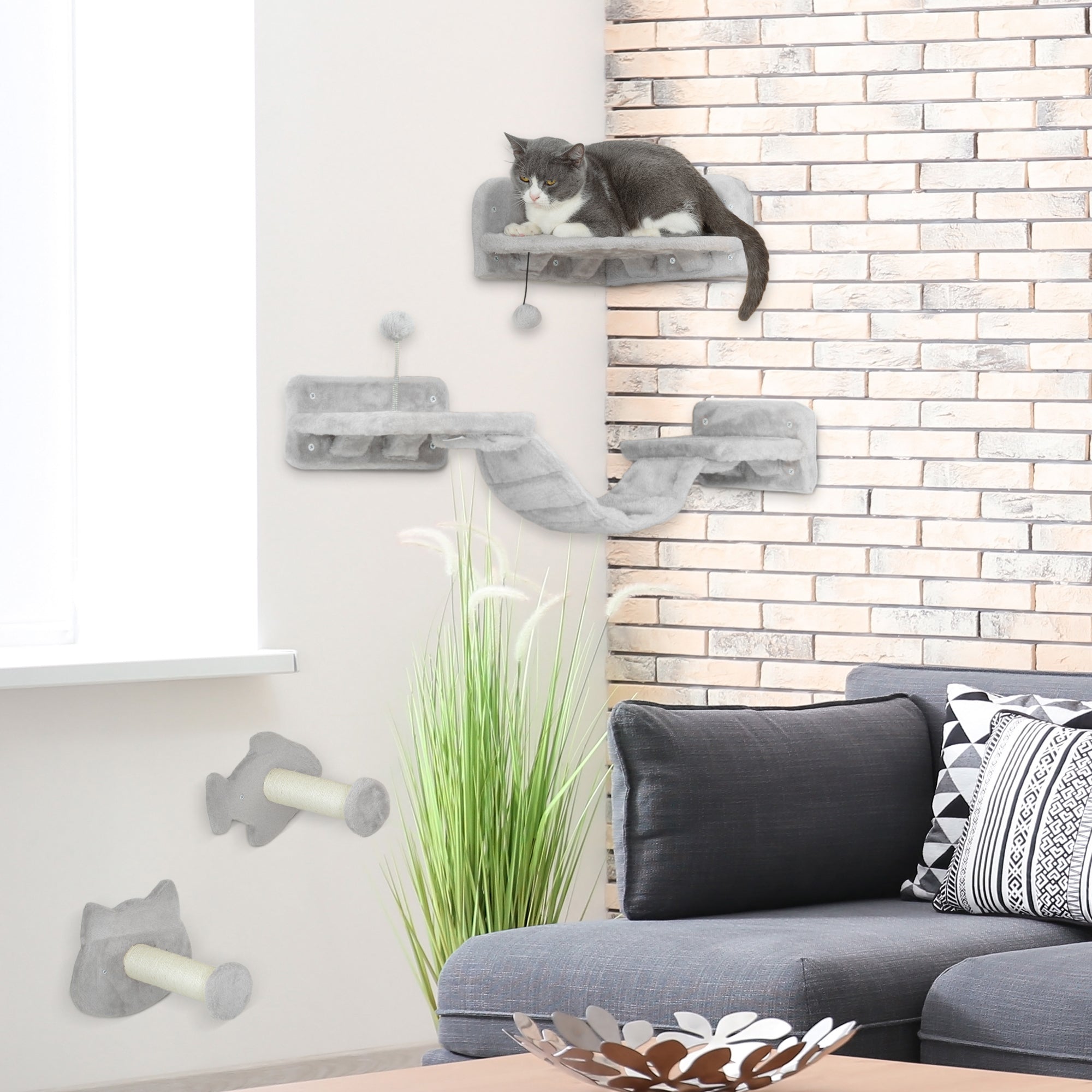 PawHut 4-Piece Cat Wall Shelves with Steps, Ladder, Jumping Platforms, Light Grey - North Peak Garden Furniture