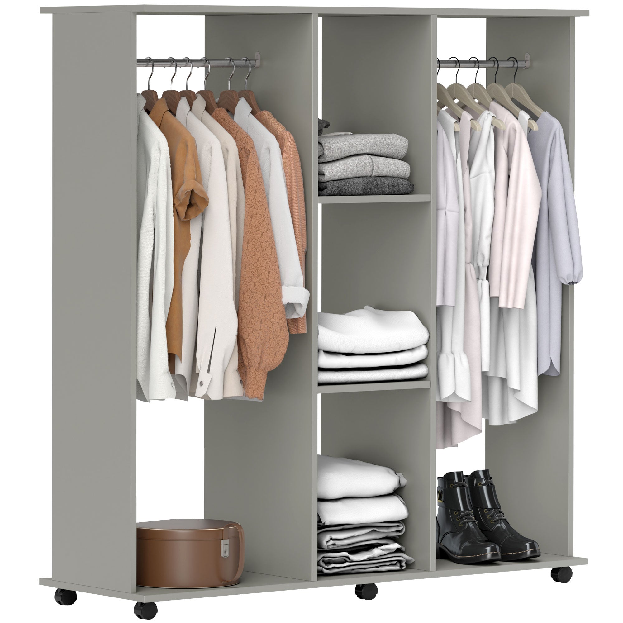 HOMCOM Double Open Wardrobe on Wheels, Bedroom Wardrobe with Clothes Hanging Rails, 3 Storage Shelves, Mobile Garment Rack for Cloakroom, Hallway, Grey - North Peak Garden Furniture