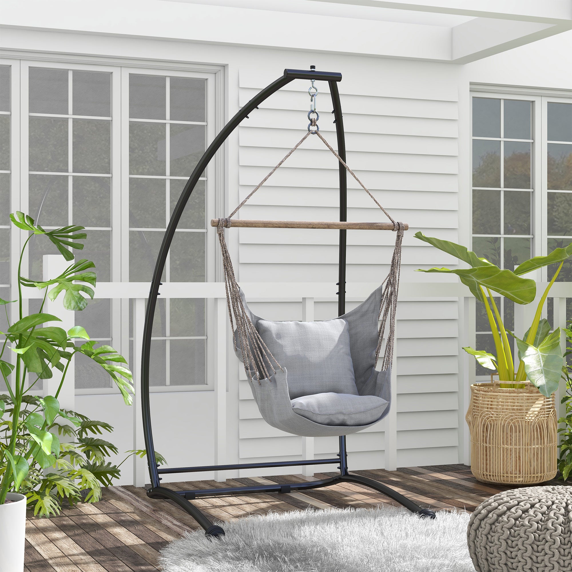 Outsunny Hammock Chair Stand, C Shape Hanging Heavy Duty Metal Frame Hammock Stand for Hanging Hammock Air Porch Swing Chair, Indoor & Outdoor Use, Black - North Peak Garden Furniture