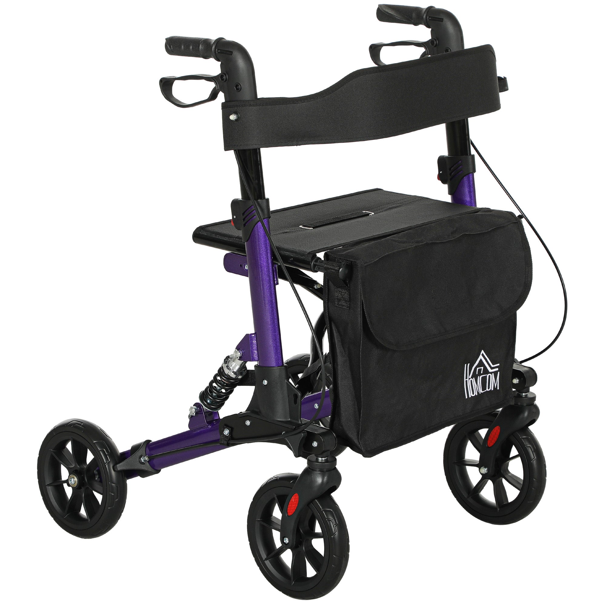 HOMCOM Folding Rollator Walker with Seat, Backrest, Lightweight Walking Frame with Storage Bag, Dual Brakes, Adjustable Handle Height, Suspension System, 4 Wheeled Walker for Seniors, Purple - North Peak Garden Furniture