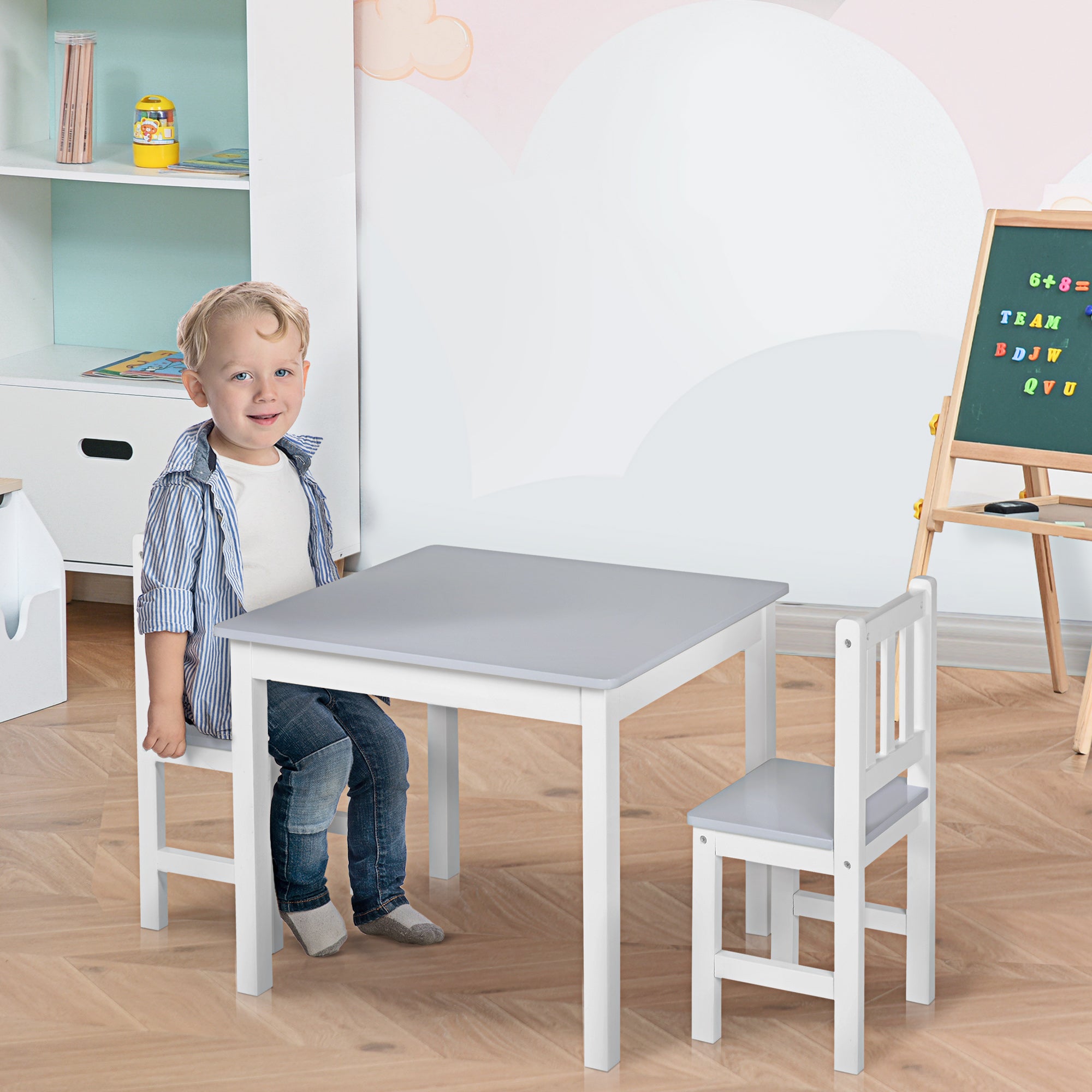 HOMCOM Kids Table and Chair Set 3 Pieces Toddler Preschoolers Desk with 2 Chairs for Indoor Study Rest Snack Time Grey - North Peak Garden Furniture