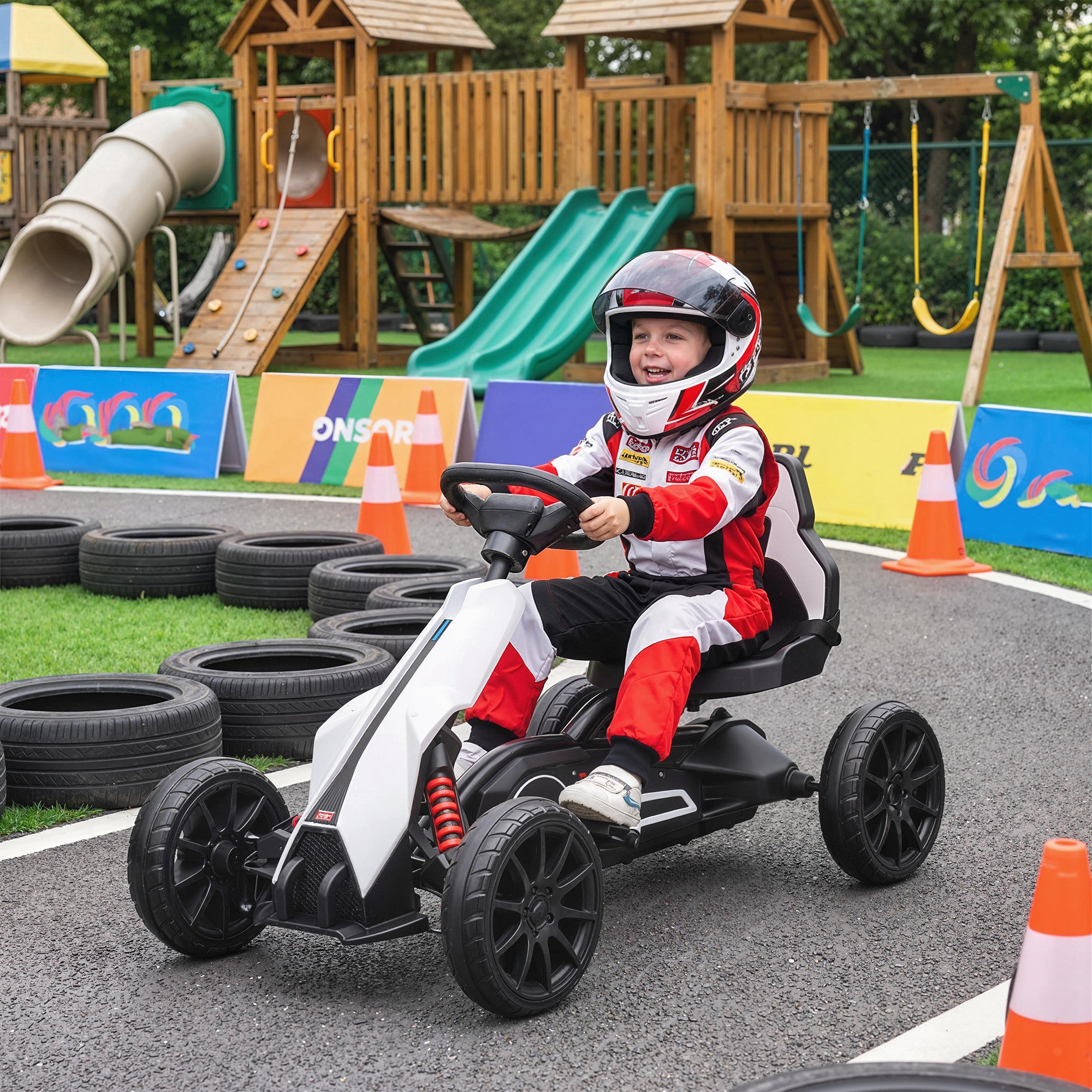 HOMCOM 12V Electric Go Kart for Kids, Ride-On Racing Go Kart with Forward Reversing, Rechargeable Battery, 2 Speeds, for Boys Girls Aged 3-8 Years Old - White