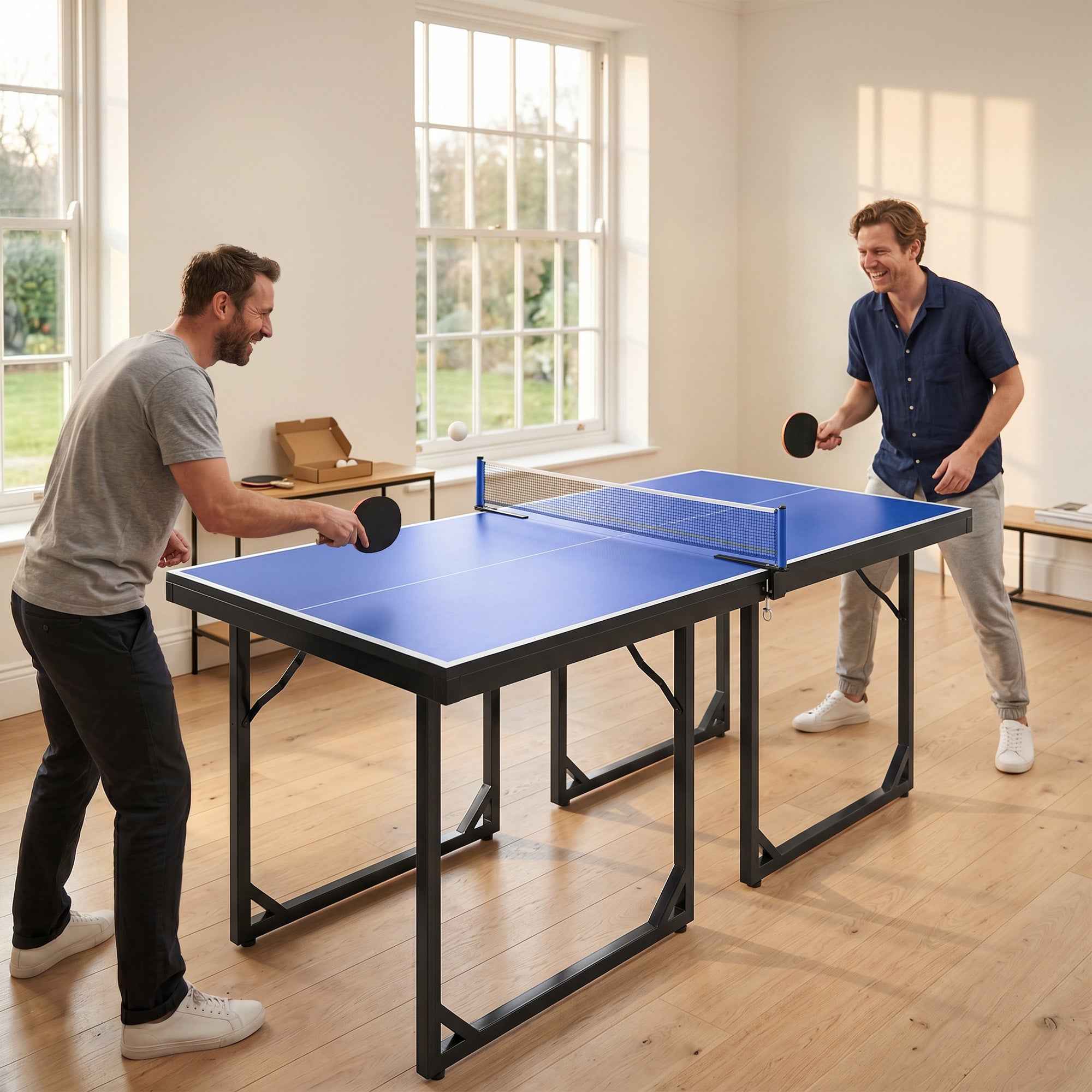 HOMCOM 6ft 182cm Mini Table Tennis Table Folding Ping Pong Table with Net Multi-Use Table for Indoor Outdoor Game, Blue