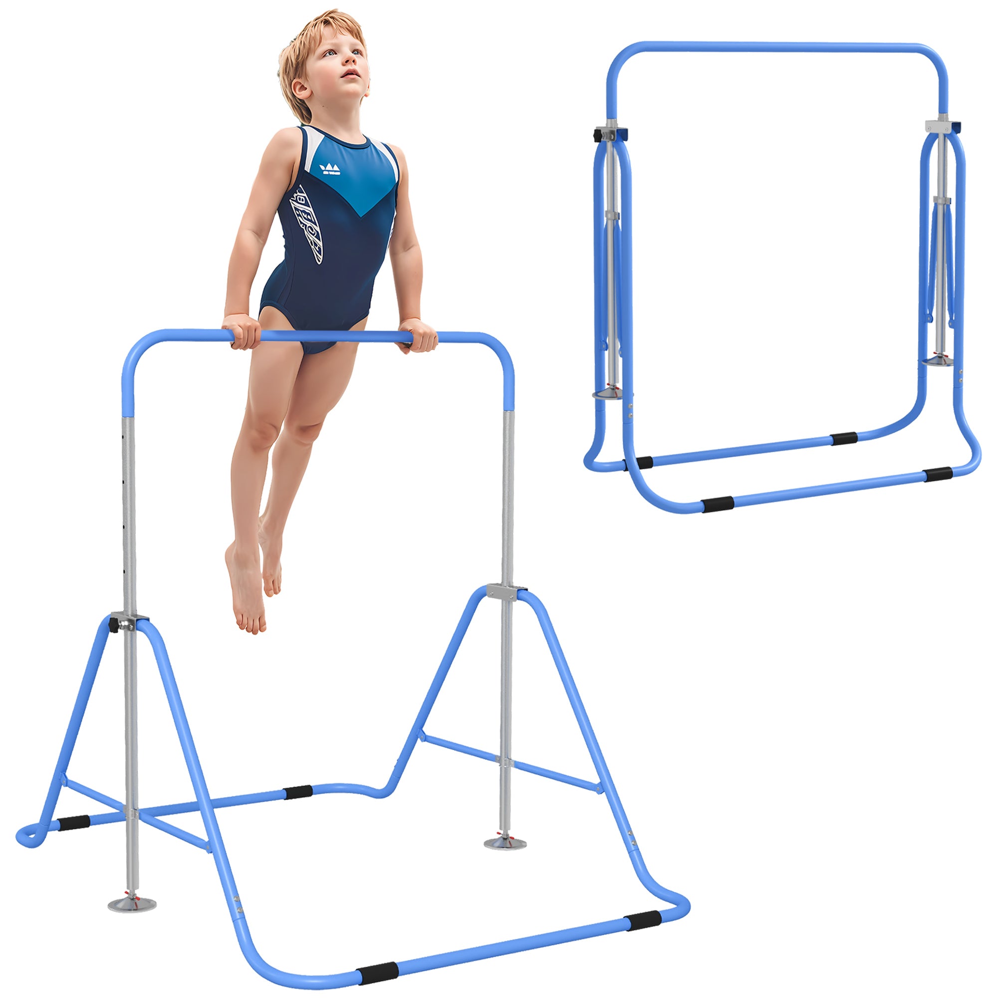 HOMCOM Kids Gymnastic Bar, with Adjustable Height, Foldable Horizontal Bars - Blue - North Peak Garden Furniture