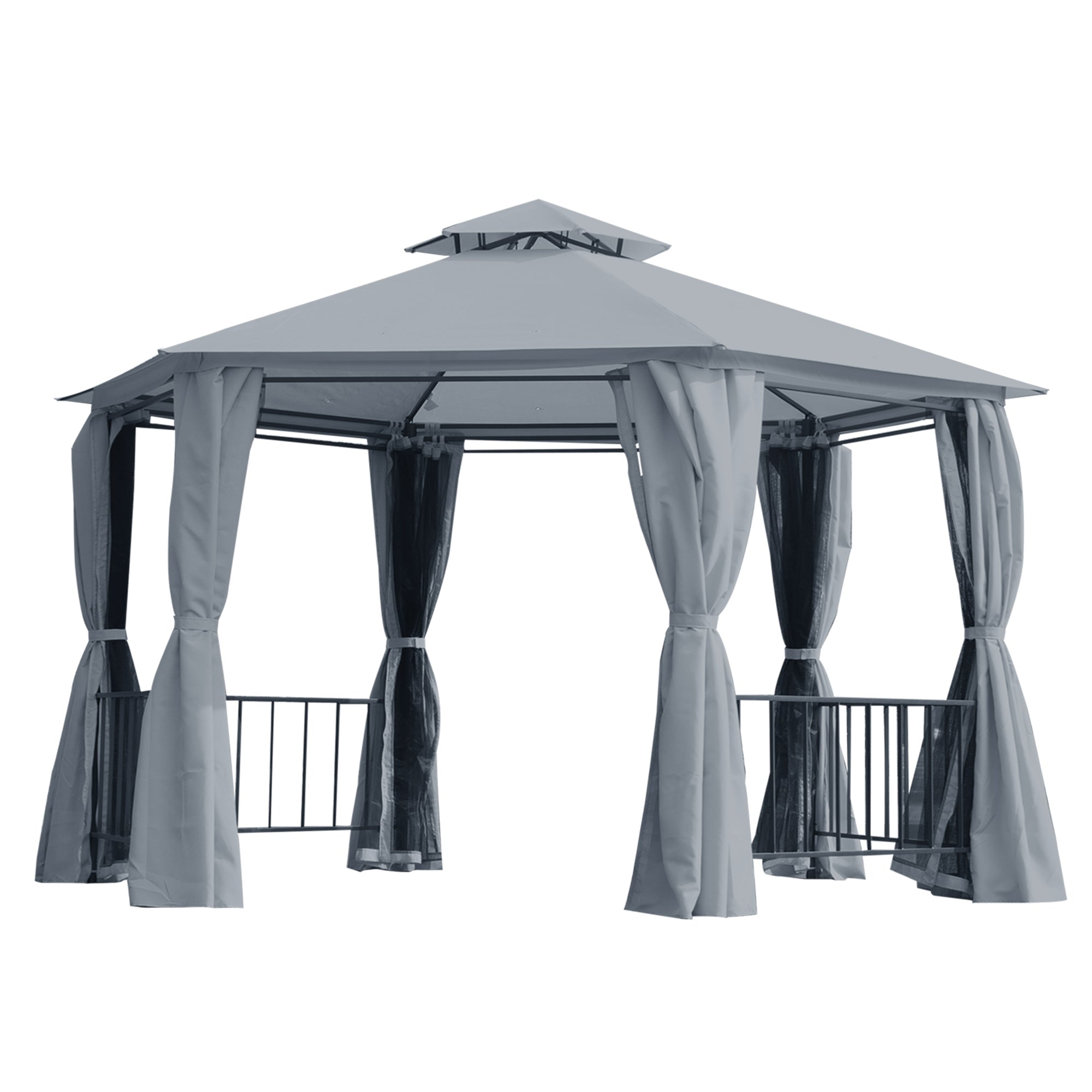 Outsunny 3 x 3(m) Hexagon Gazebo Patio Canopy Party Tent Outdoor Garden Shelter w/ 2 Tier Roof & Side Panel - Grey - North Peak Garden Furniture