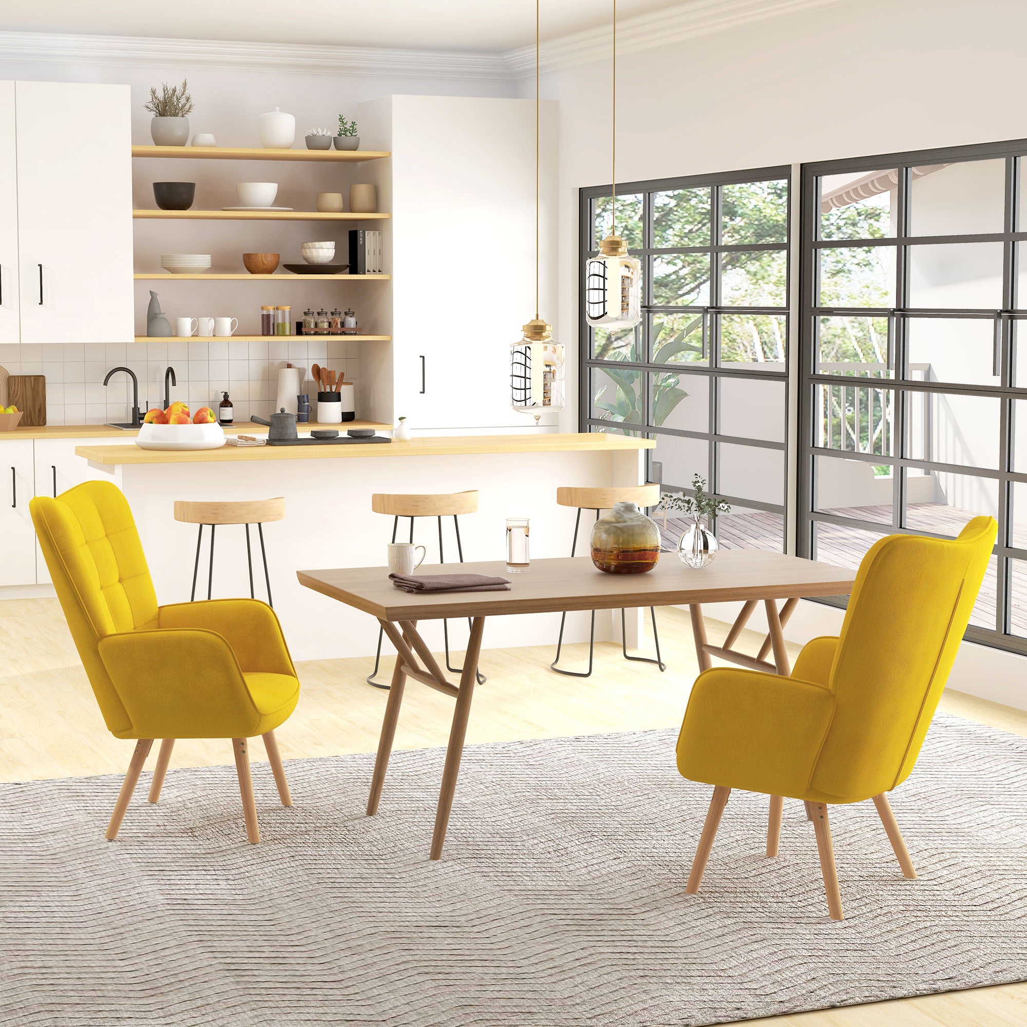 HOMCOM Modern Accent Chair Velvet-Touch Tufted Wingback Armchair Upholstered Leisure Lounge Sofa Club Chair with Wood Legs, Set of 2, Yellow - North Peak Garden Furniture