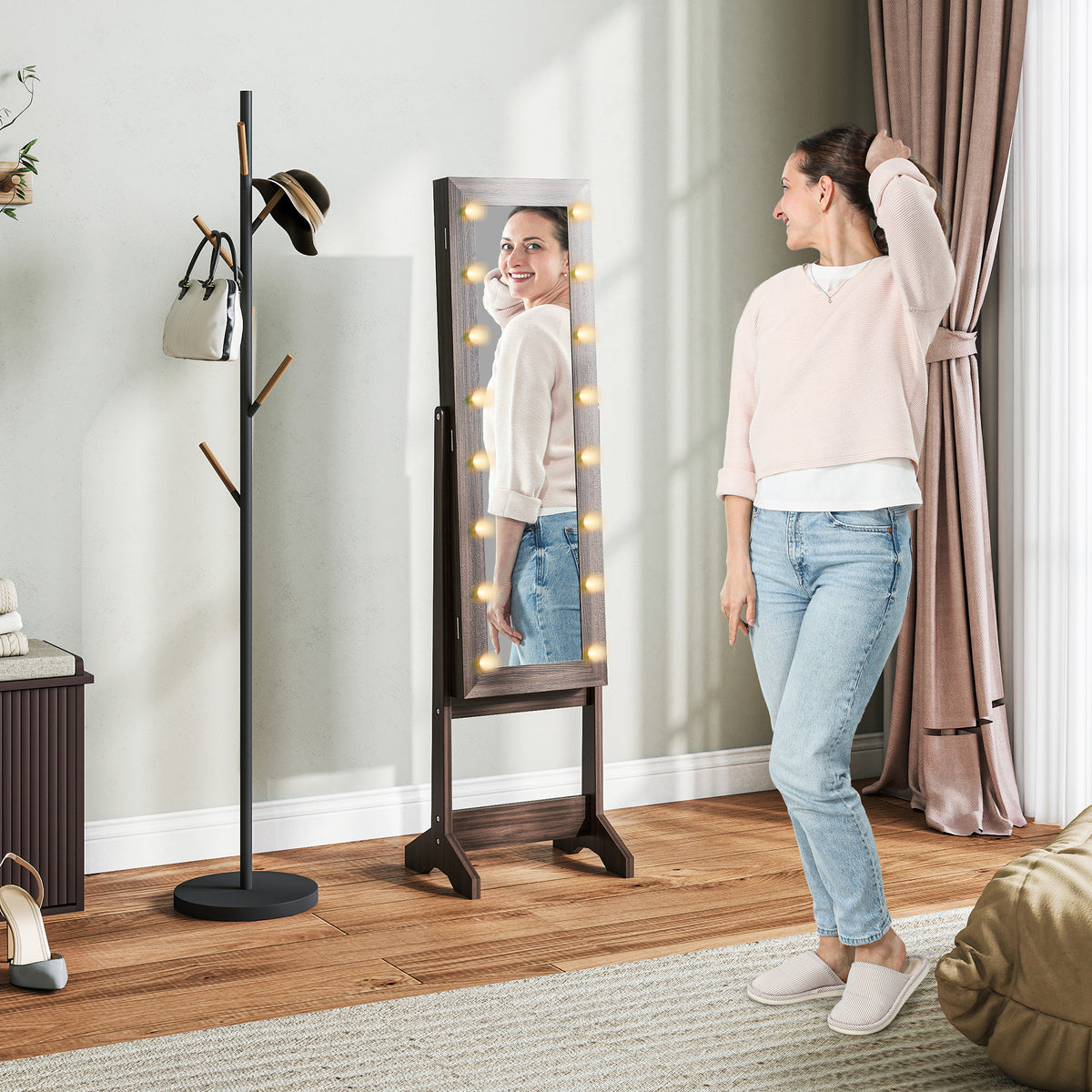 HOMCOM Free Standing Mirror Jewelry Cabinet with LED Lights, Jewellery Organiser with 3 Angle Adjustable, Full-Length Mirror with Storage for Earrings, Necklaces, Rings and Lipsticks, Dark Brown