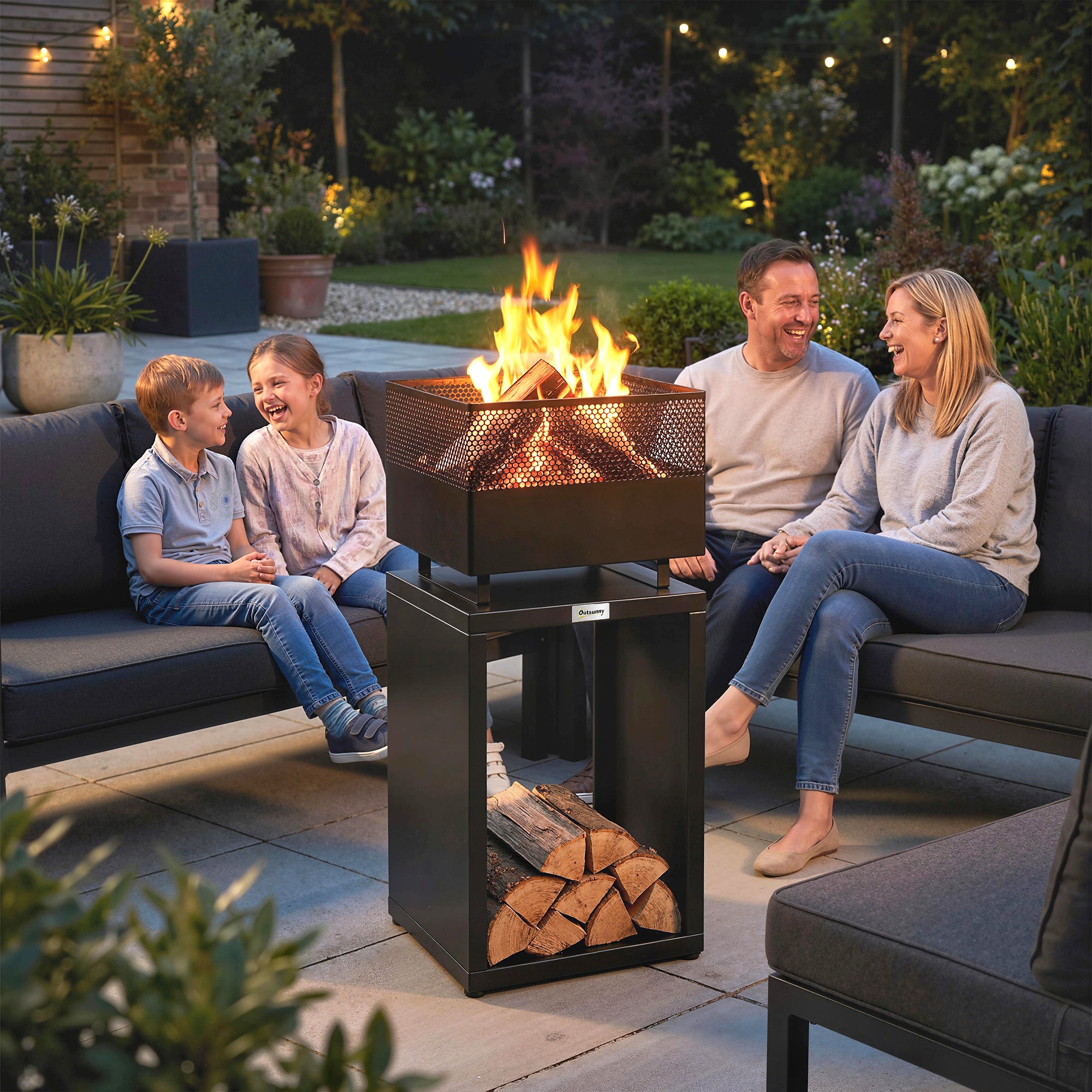 Outsunny Outdoor Fire Pit with Wood Storage Wood Burning Firepit with Mesh Sides 87 cm Black