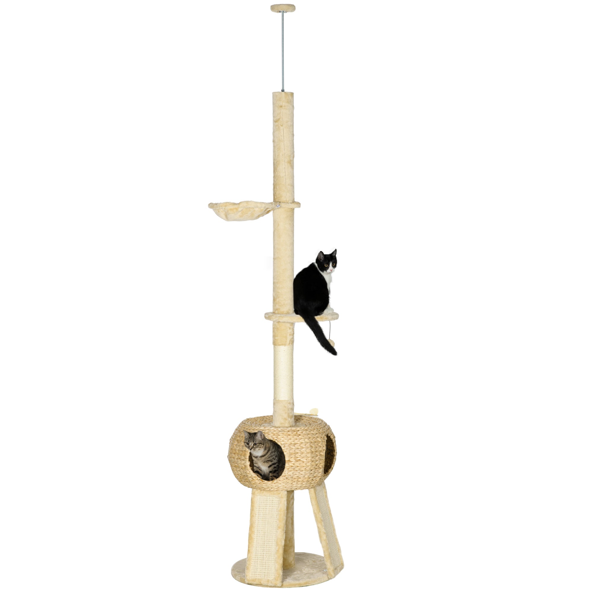 PawHut 255cm Cat Tree Tower for Indoor Cats, with Scratching Post, Cat House, Platform - Beige - North Peak Garden Furniture