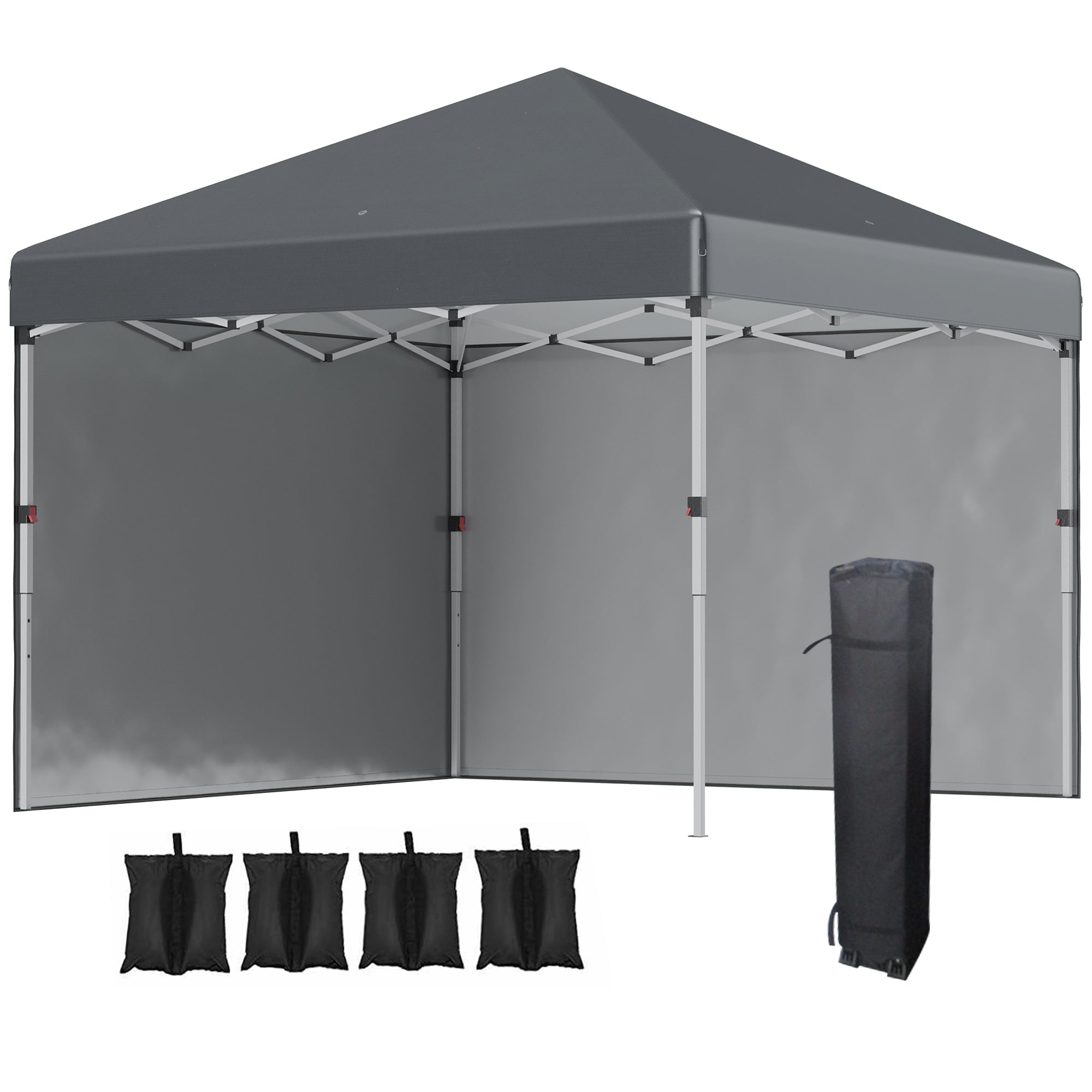 Outsunny 3 x 3 (M) Pop Up Gazebo, UPF 30+ with 2 Sidewalls, Leg Weight Bags and Wheeled Bag, Height Adjustable Party Tent Event Shelter for Garden, Patio, Dark Grey - North Peak Garden Furniture