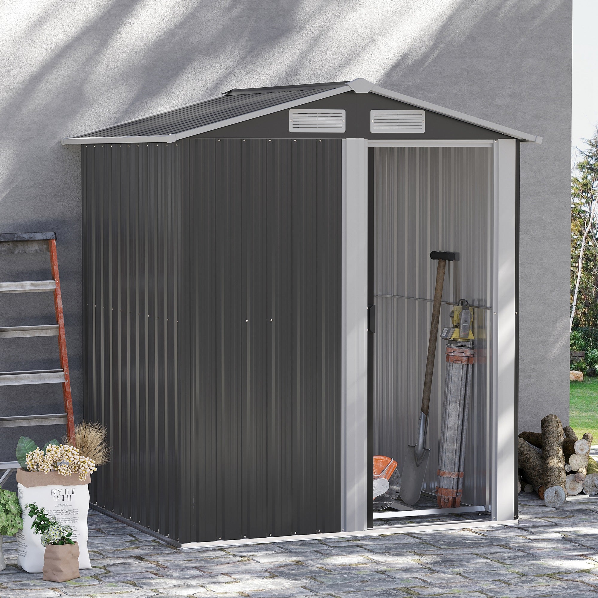 Outsunny Garden Metal Tool Storage Shed with Sliding Door, Sloped Roof and Foundation Kit, 152 x 132 x 188cm, Grey - North Peak Garden Furniture