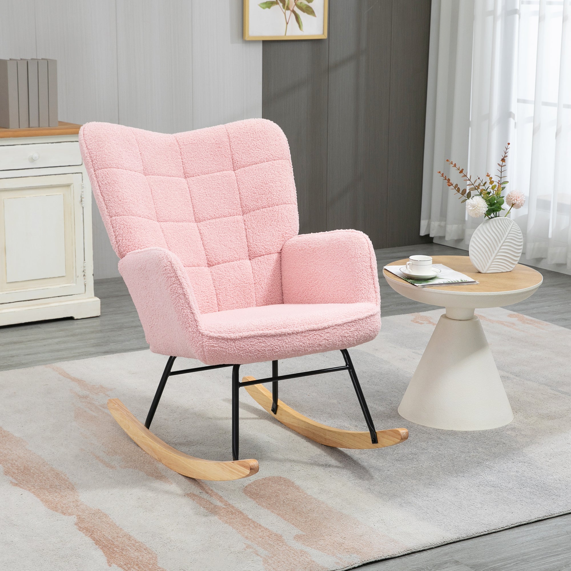 HOMCOM Soft Fleecey Rocking Wingback Chair - Pink - North Peak Garden Furniture
