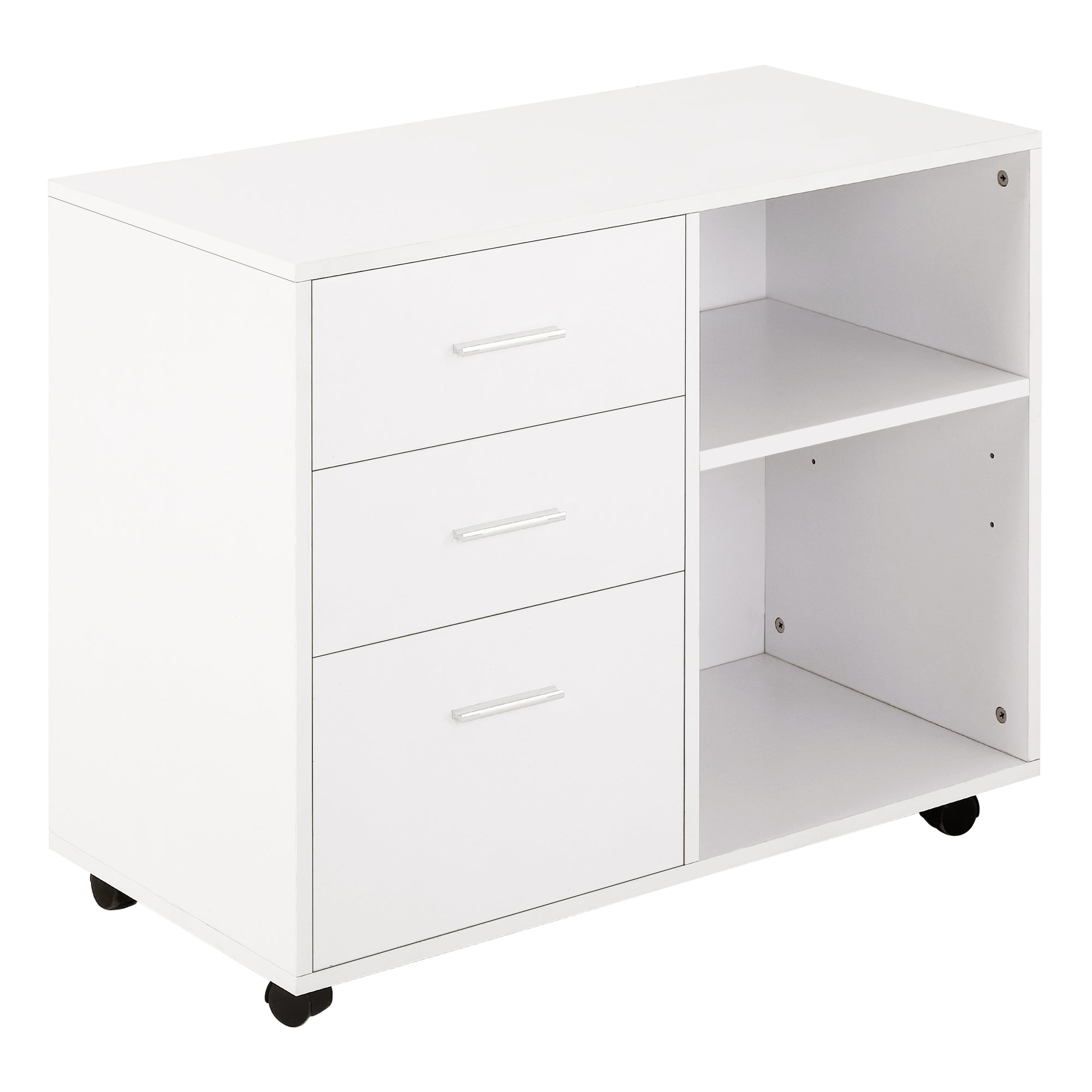 HOMCOM Freestanding Printer Stand Unit Office Desk Side Mobile Storage w/ Wheels 3 Drawers, 2 Open Shelves Modern Style 80L x 40W x 65H cm - White - North Peak Garden Furniture