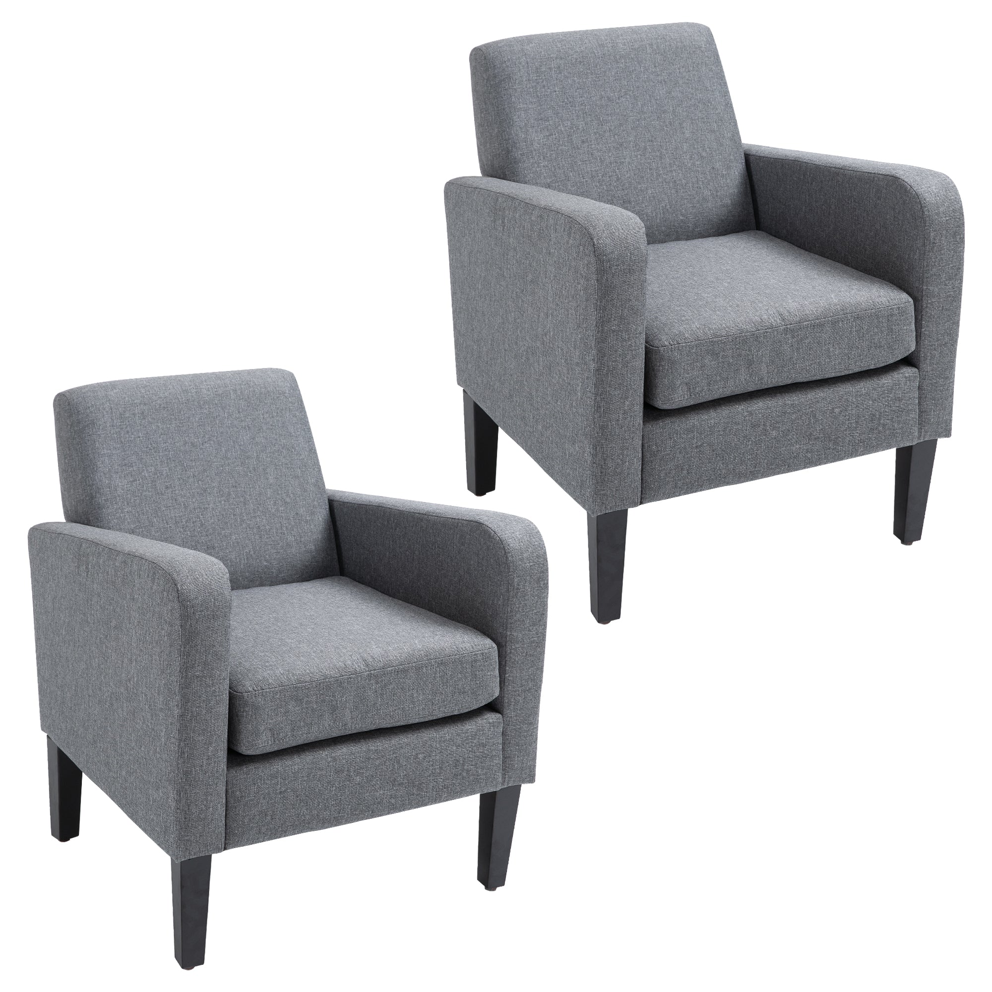 HOMCOM 2 Pieces Modern Armchairs with Rubber Wood Legs, Upholstered Accent Chairs, Single Sofa for Living Room, Bedroom, Grey - North Peak Garden Furniture