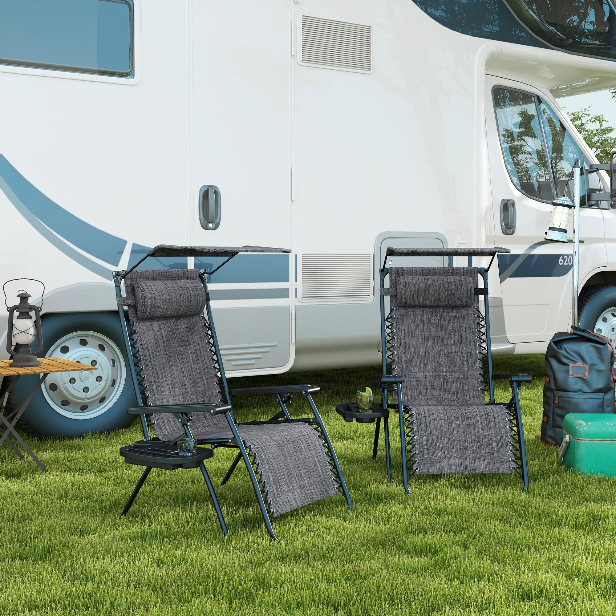 Outsunny 2 Piece Foldable Reclining Garden Chair with Headrest, Zero Gravity Deck Sun Lounger Seat Chair with Footrest, Armrest, Cup Holder & Canopy Shade, Grey - North Peak Garden Furniture