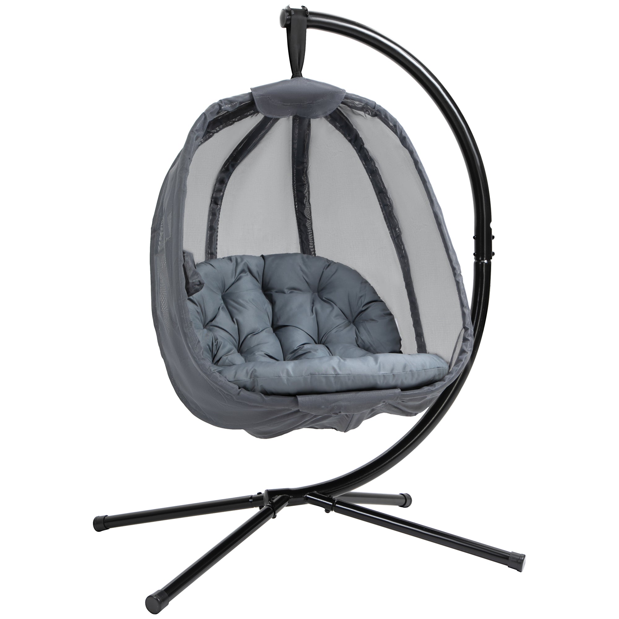 Outsunny Hanging Egg Chair, Folding Texteline Swing Hammock with Side Pocket, Cushion and Stand for Indoor Outdoor, Patio Garden Furniture, Grey - North Peak Garden Furniture