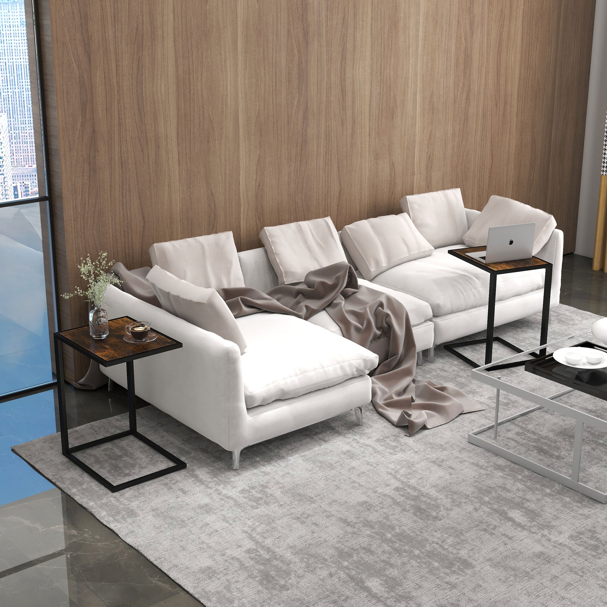 HOMCOM C-Shaped Side Table, Sofa End Table with Metal Frame, Accent Couch Table for Living room, Bedroom, Set of 2, Brown and Black - North Peak Garden Furniture