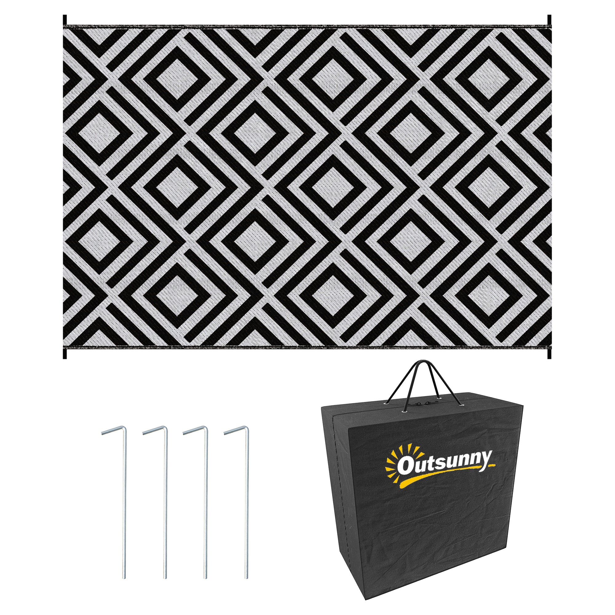 Outsunny Reversible Outdoor Rug, Plastic Straw Mat w/ Carry Bag Ground Stakes for Garden RV Picnic Beach Camping 182x274cm Black - North Peak Garden Furniture