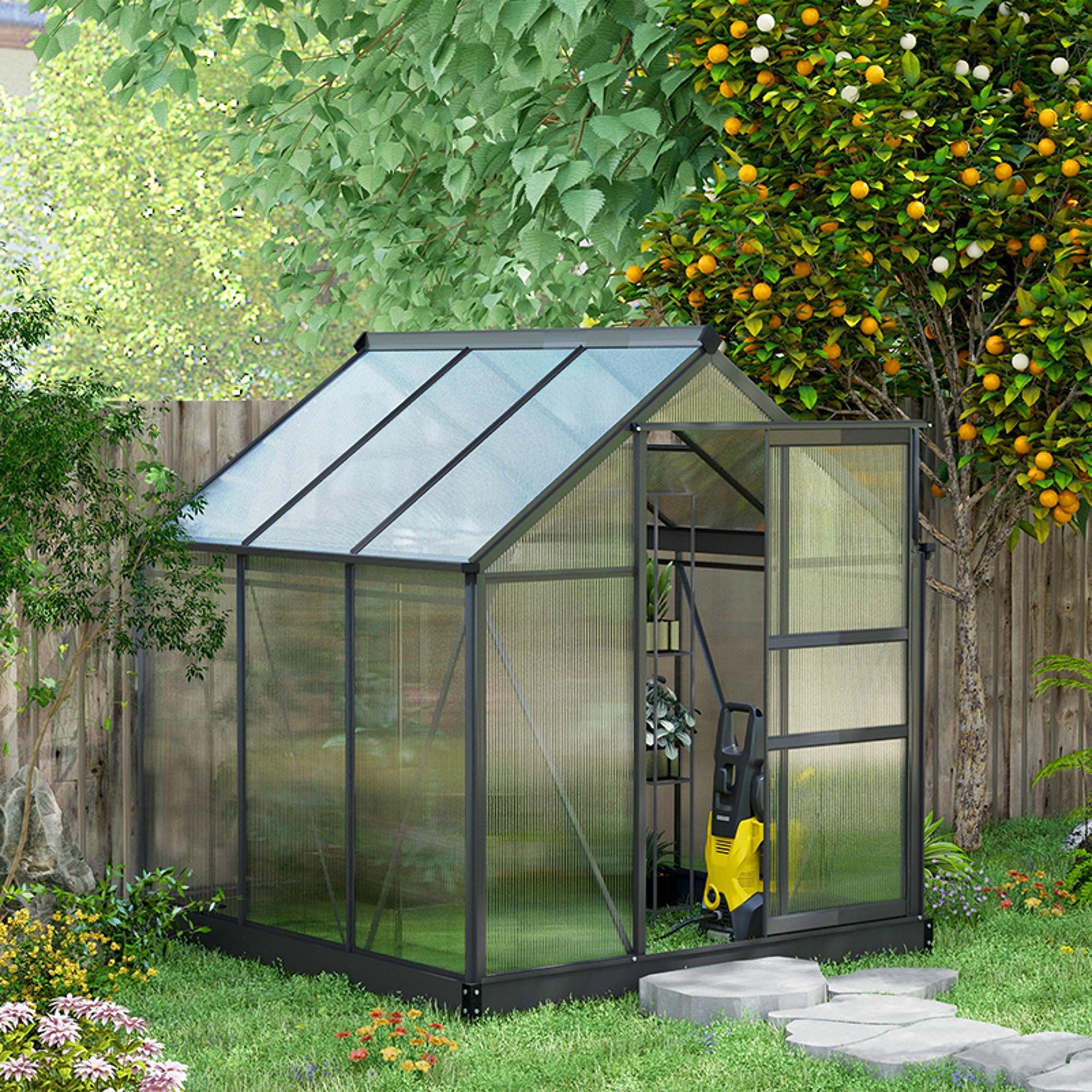 Outsunny 6 x 6ft Polycarbonate Greenhouse, Large Walk-In Green House with Slide Door and Window, Garden Plants Grow House with Aluminium Frame and Foundation, Grey - North Peak Garden Furniture