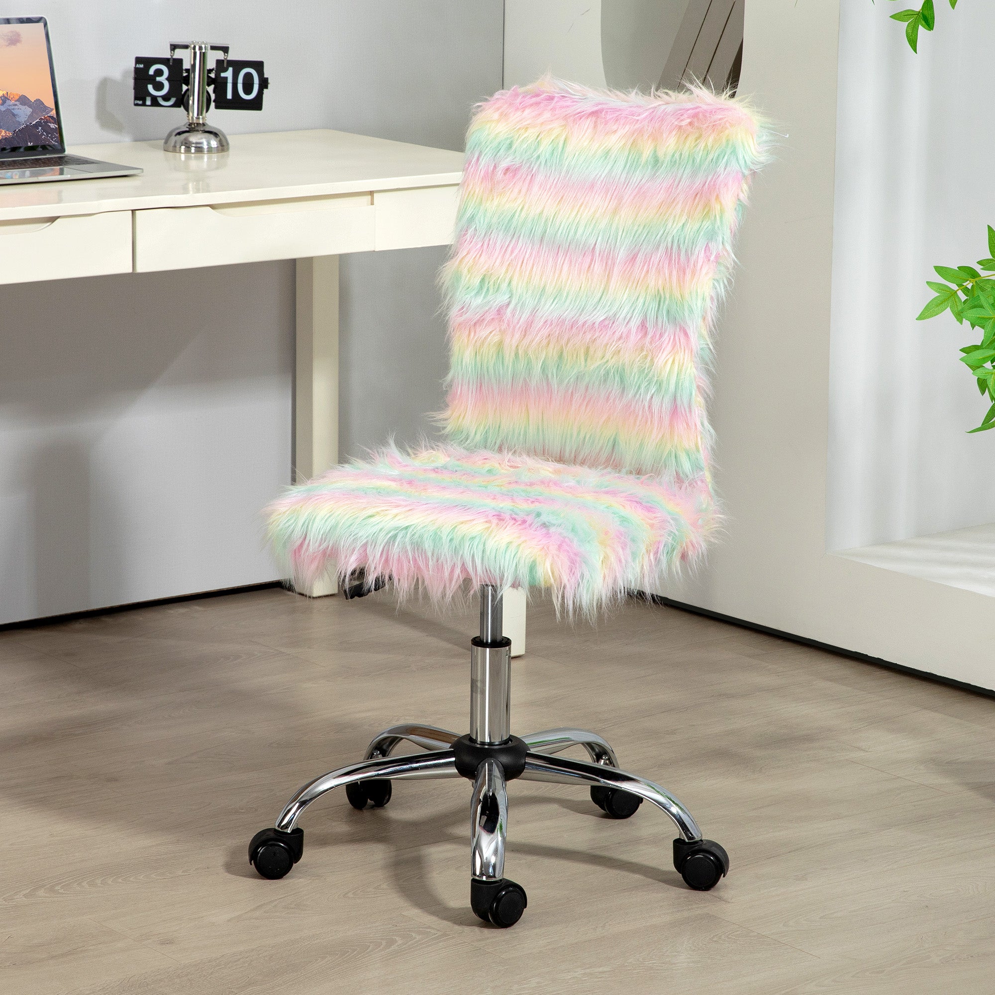 HOMCOM Armless Computer Desk Chair, Fluffy Fabric Swivel Office Chair, Makeup Vanity Chair with Height Adjustable, Wheels, for Home Study Bedroom, Multicolour - North Peak Garden Furniture