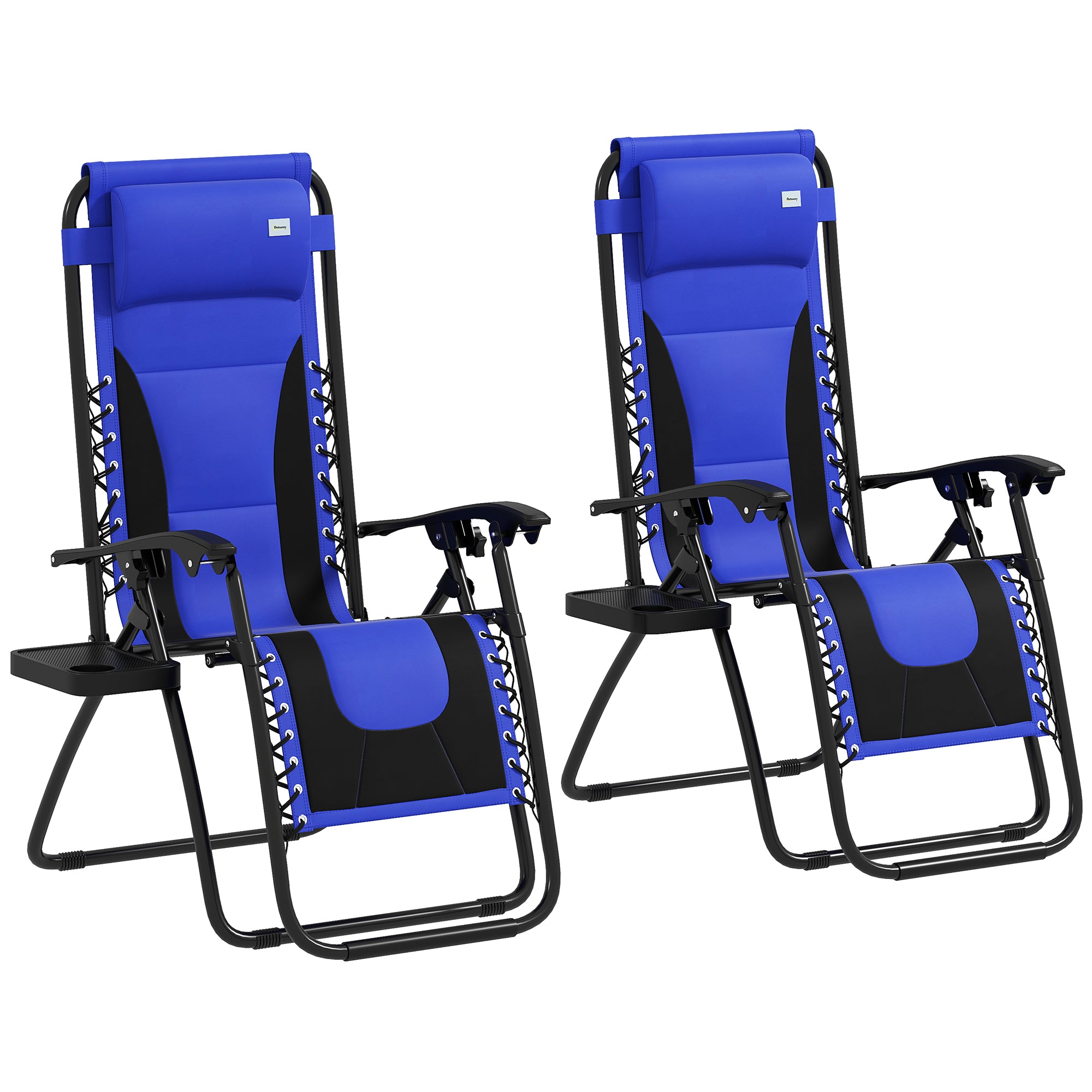 Outsunny Zero Gravity Lounger Chair Set of 2, Folding Reclining Patio Chair with Padded Seat, Cup Holder, Soft Cushion and Headrest for Poolside, Camping, Blue - North Peak Garden Furniture