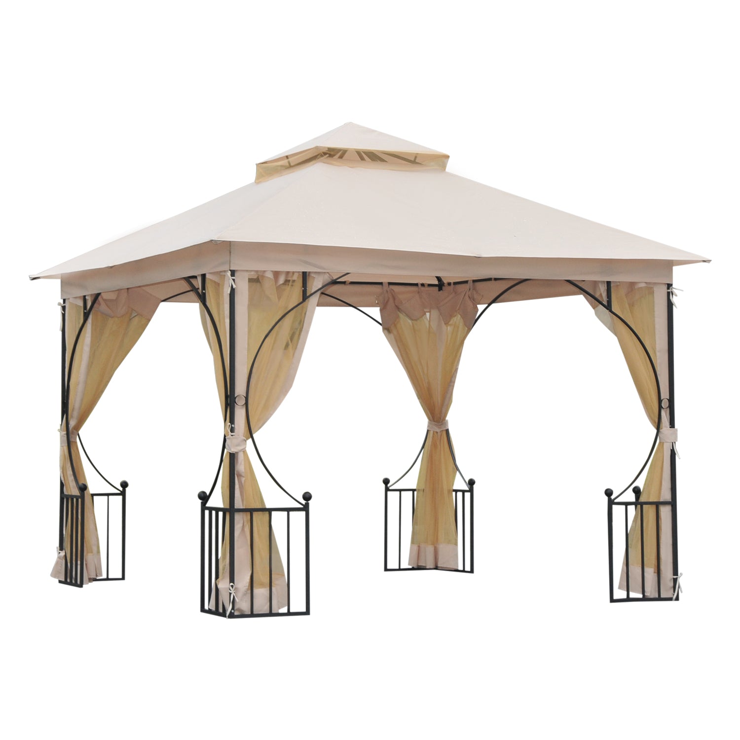 Outsunny 3 x 3(m) Garden Gazebo Patio Party Tent Shelter Outdoor Canopy Double Tier Sun Shade Metal Frame Netting Beige - North Peak Garden Furniture