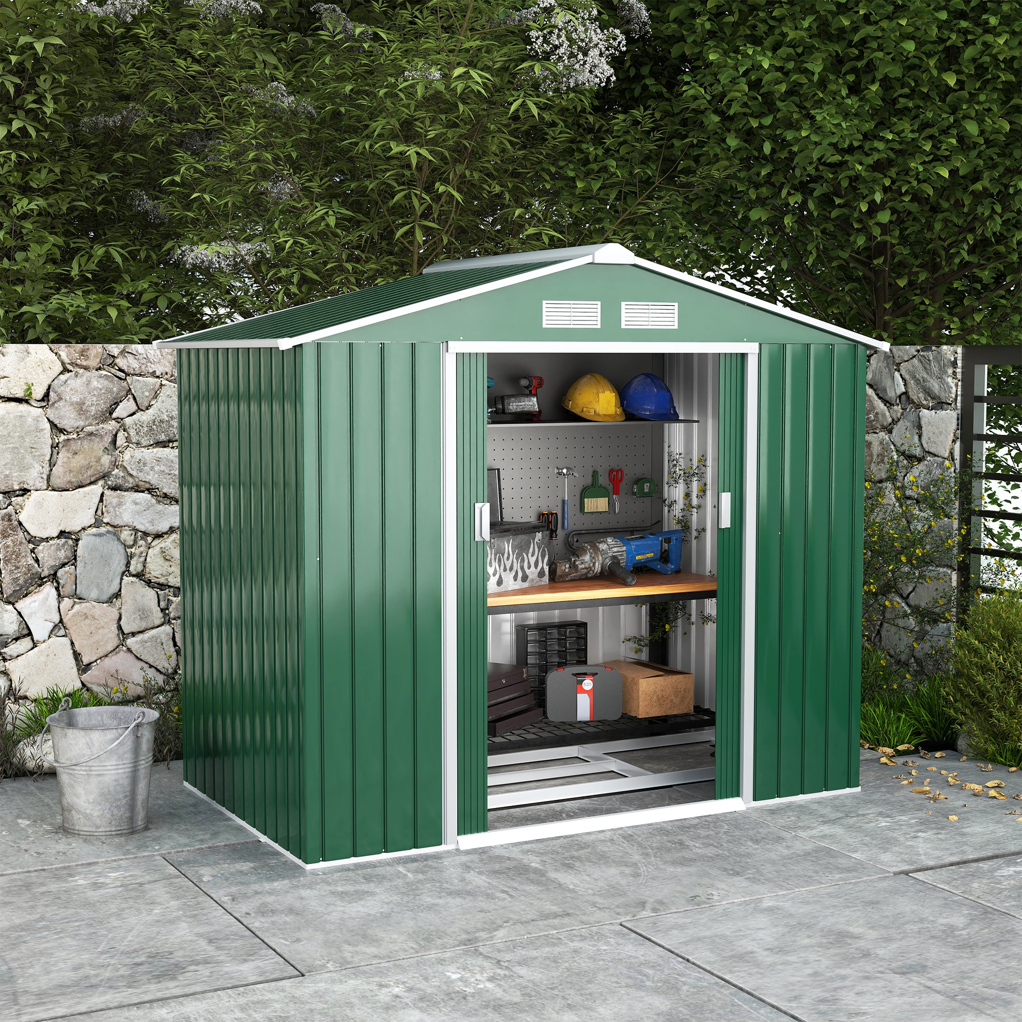 Outsunny 7 x 4ft Metal Garden Shed, Outdoor Storage Tool House with Ventilation Slots, Foundation Kit and Lockable Double Doors, Green - North Peak Garden Furniture
