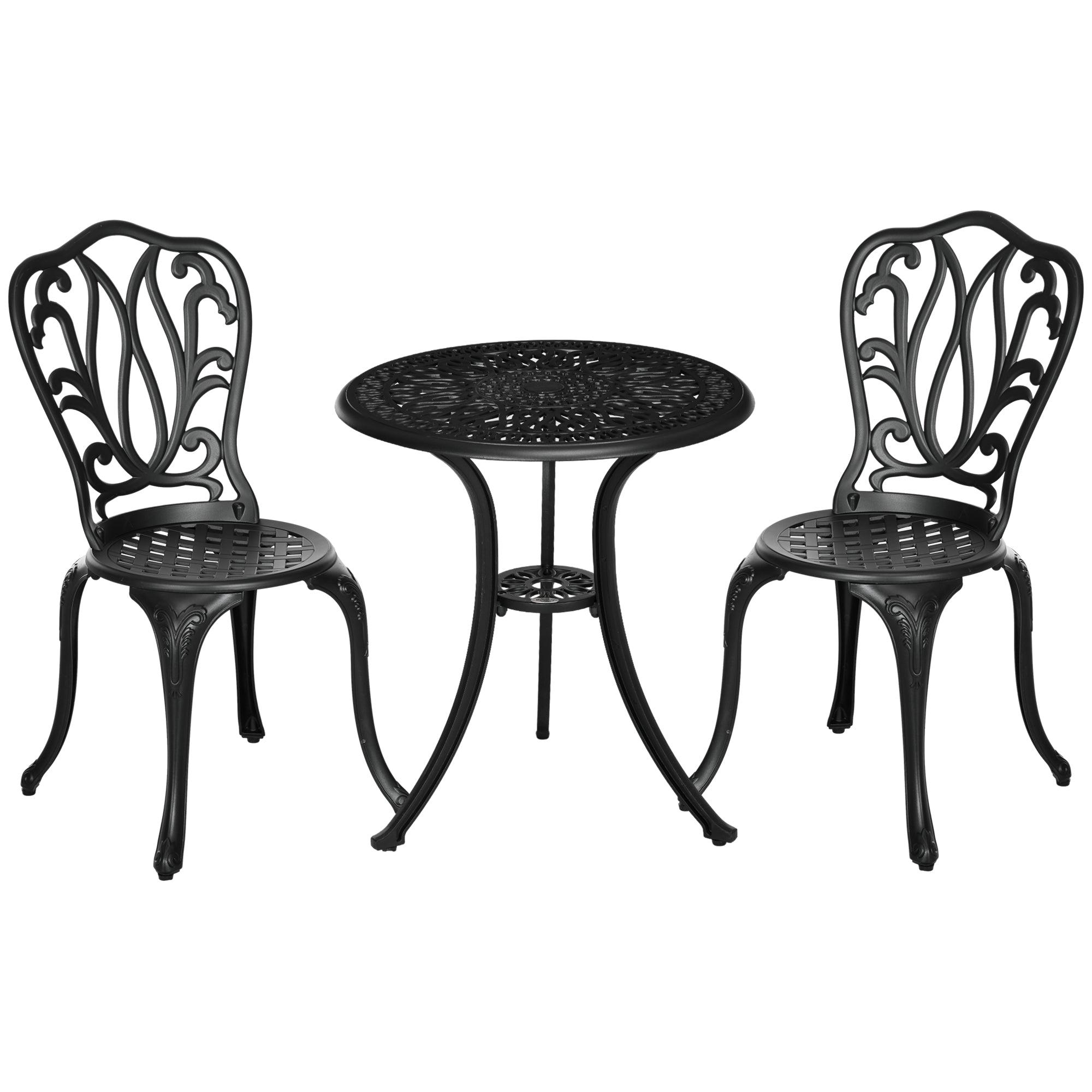 Outsunny 3 Piece Garden Bistro Set, Cast Aluminium Outdoor Furniture Set with Umbrella Hole for Balcony, Porch, Patio, Black - North Peak Garden Furniture
