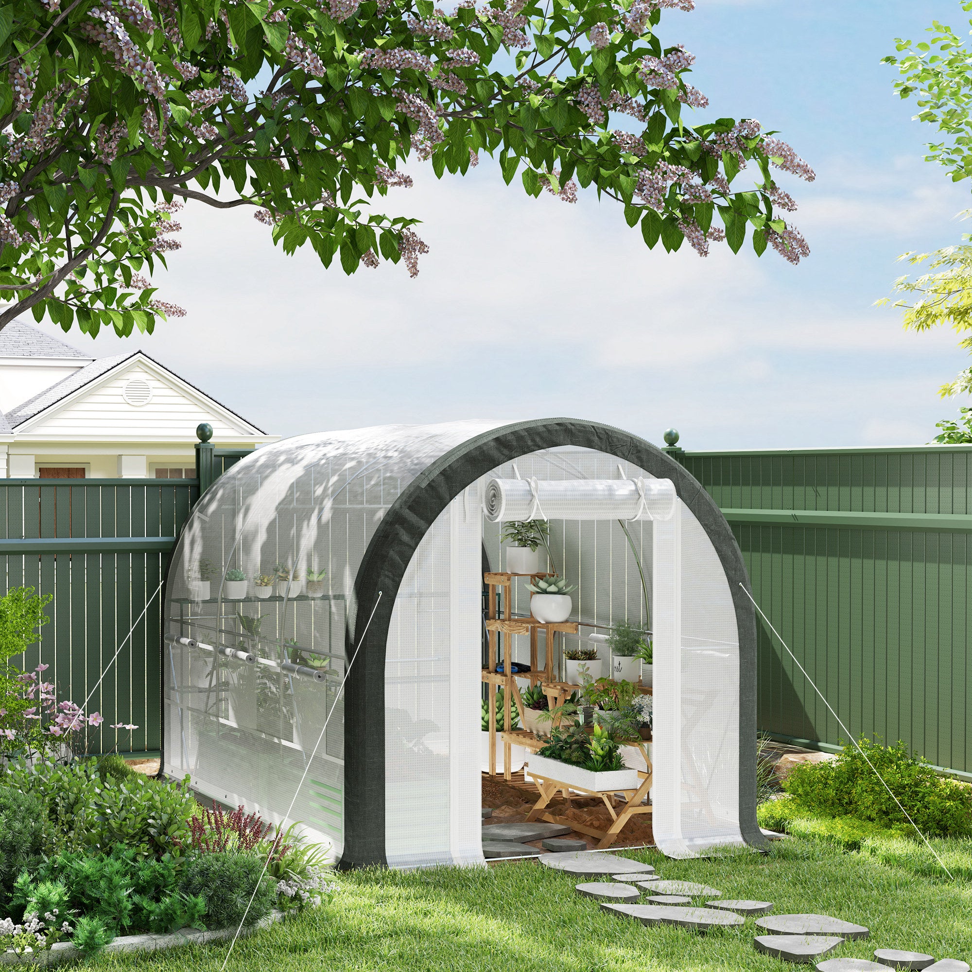 Outsunny 3 x 2(m) Walk-In Tunnel Greenhouse, with Accessories - White - North Peak Garden Furniture