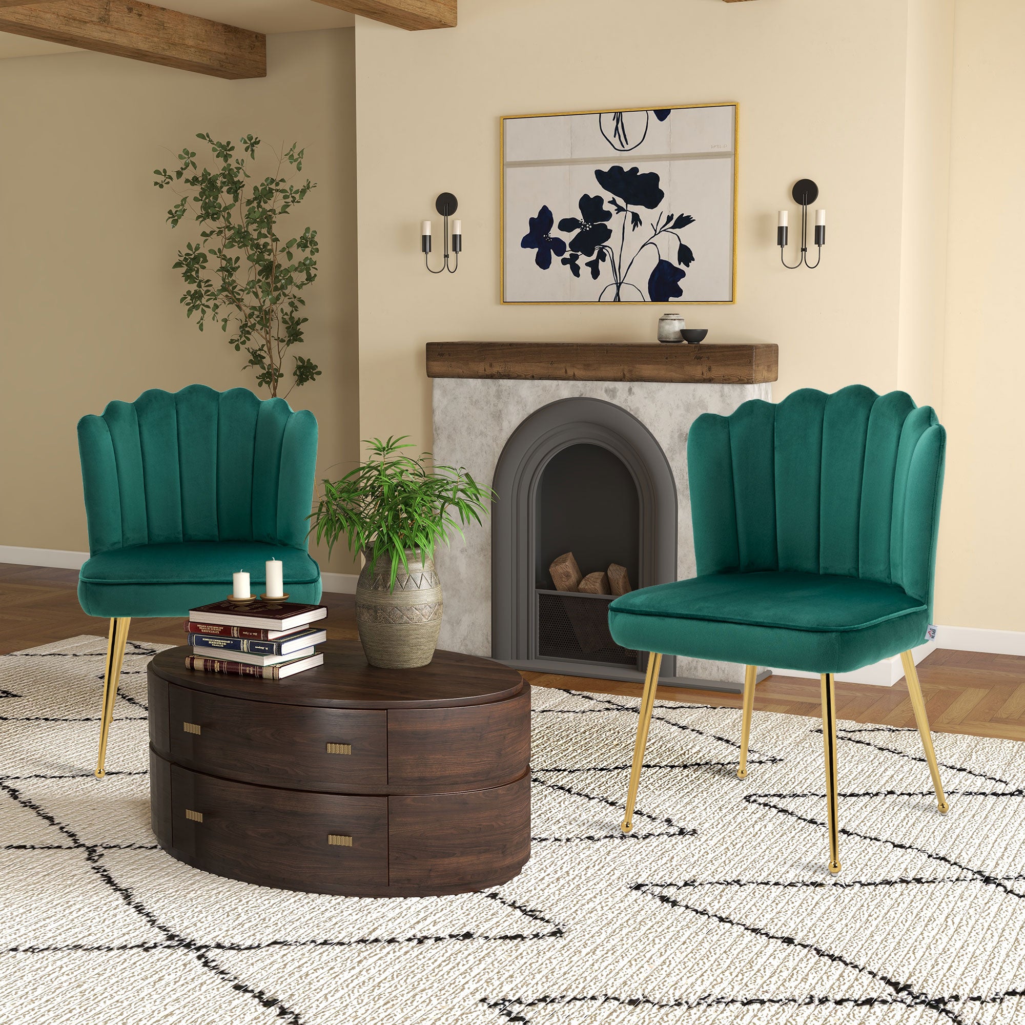 HOMCOM Shell Dining Chairs Set of 2, Upholstered Kitchen Chairs with Gold Metal Legs and Backrest, Velvet Fabric Lounge Leisure Chairs for Living Room, Reception Room, Green - North Peak Garden Furniture