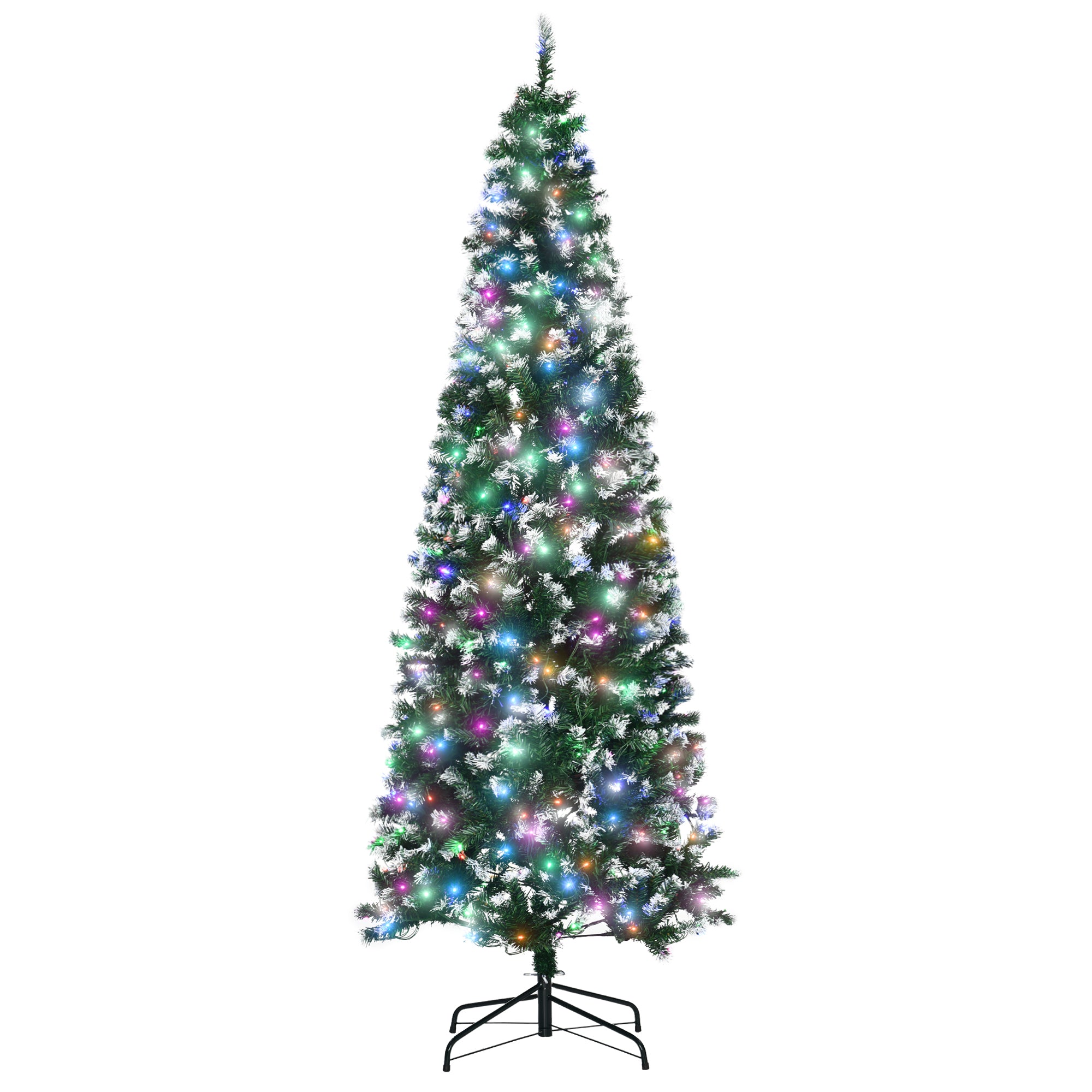 HOMCOM 7FT Tall Prelit Pencil Slim Artificial Christmas Tree with Realistic Branches, 350 Colourful LED Lights and 818 Tips, Xmas Decoration, Green - North Peak Garden Furniture