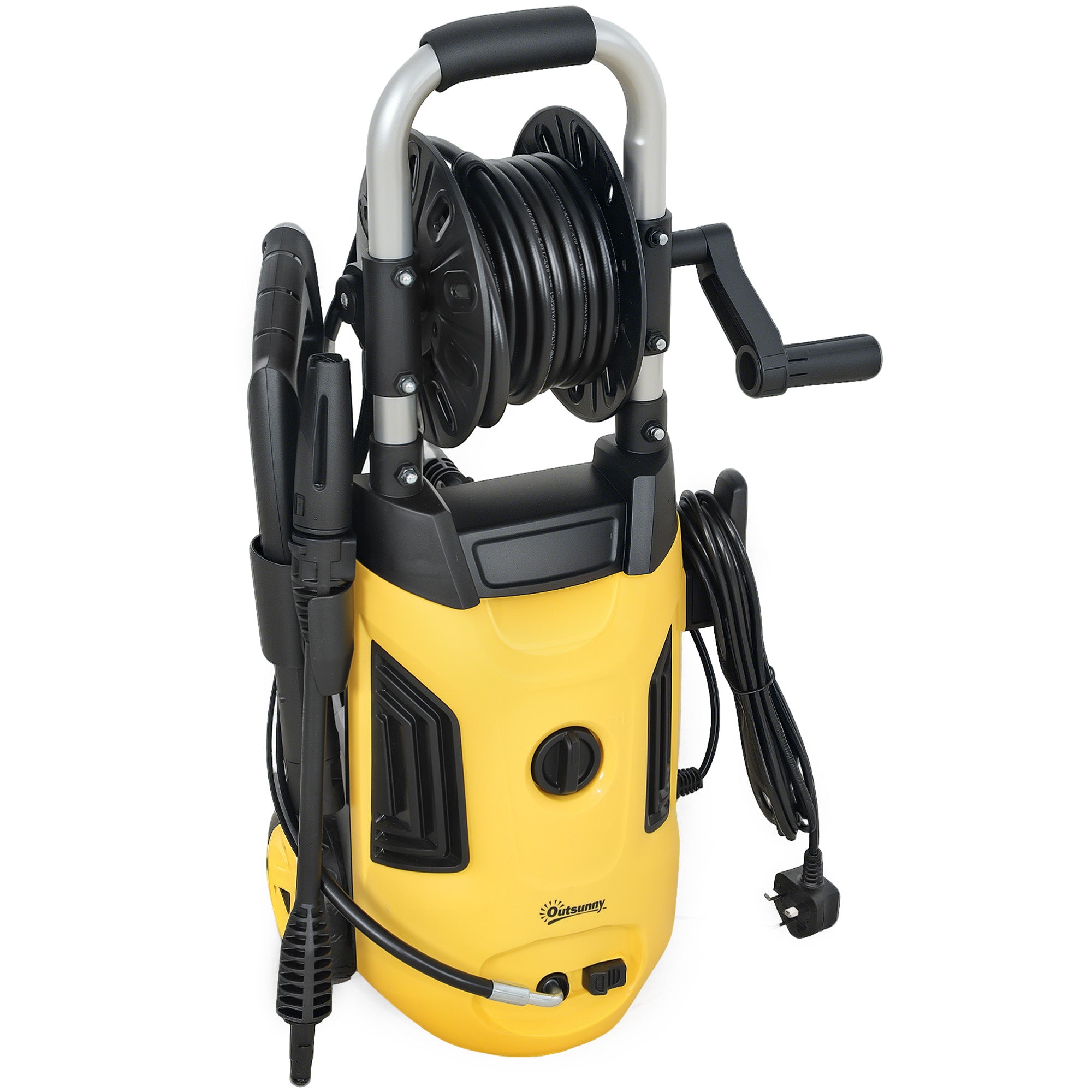Outsunny 1800W High Pressure Washer, 150 Bar Pressure, 420 L/h Flow, Portable Power Washer Jet Wash Cleaner with Adjustable Nozzle, 6M Hose, Hose Reel, Steel Handle for Home Patio Car Driveway, Yellow - North Peak Garden Furniture