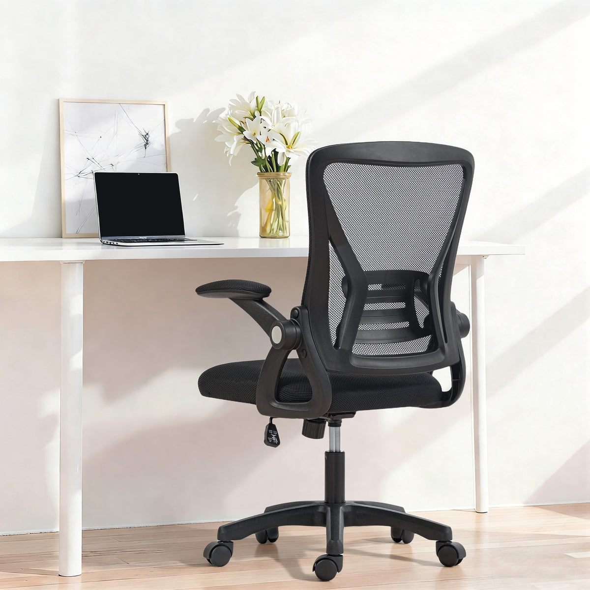 HOMCOM Office Chair, Mesh Desk Chair with Flip-up Armrests, Lumbar Support, Adjustable Height, Black