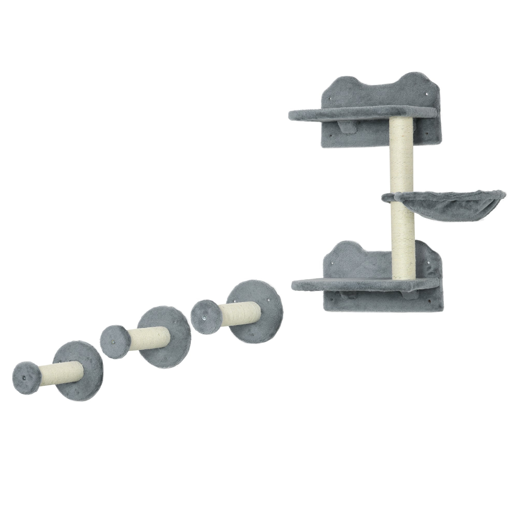 PawHut 4 Piece Cat Shelf with Scratching Post, Wall-Mounted Cat Tree for Indoor Cat - Grey - North Peak Garden Furniture